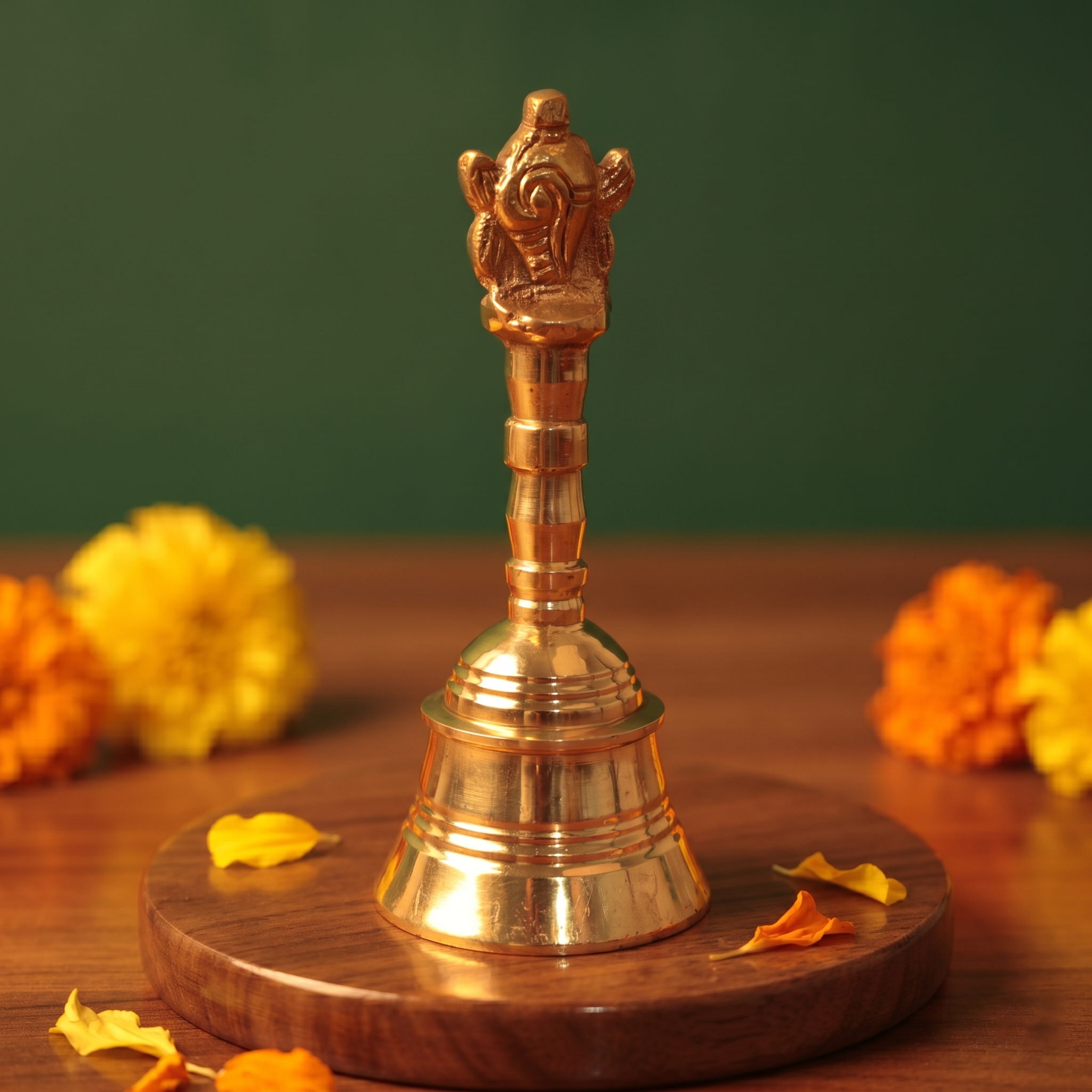 Brass Ghanti Bell Changuchakkaram in front view with Garuda handle and tiered bell base with yellow and orange marigolds on a wooden plate.