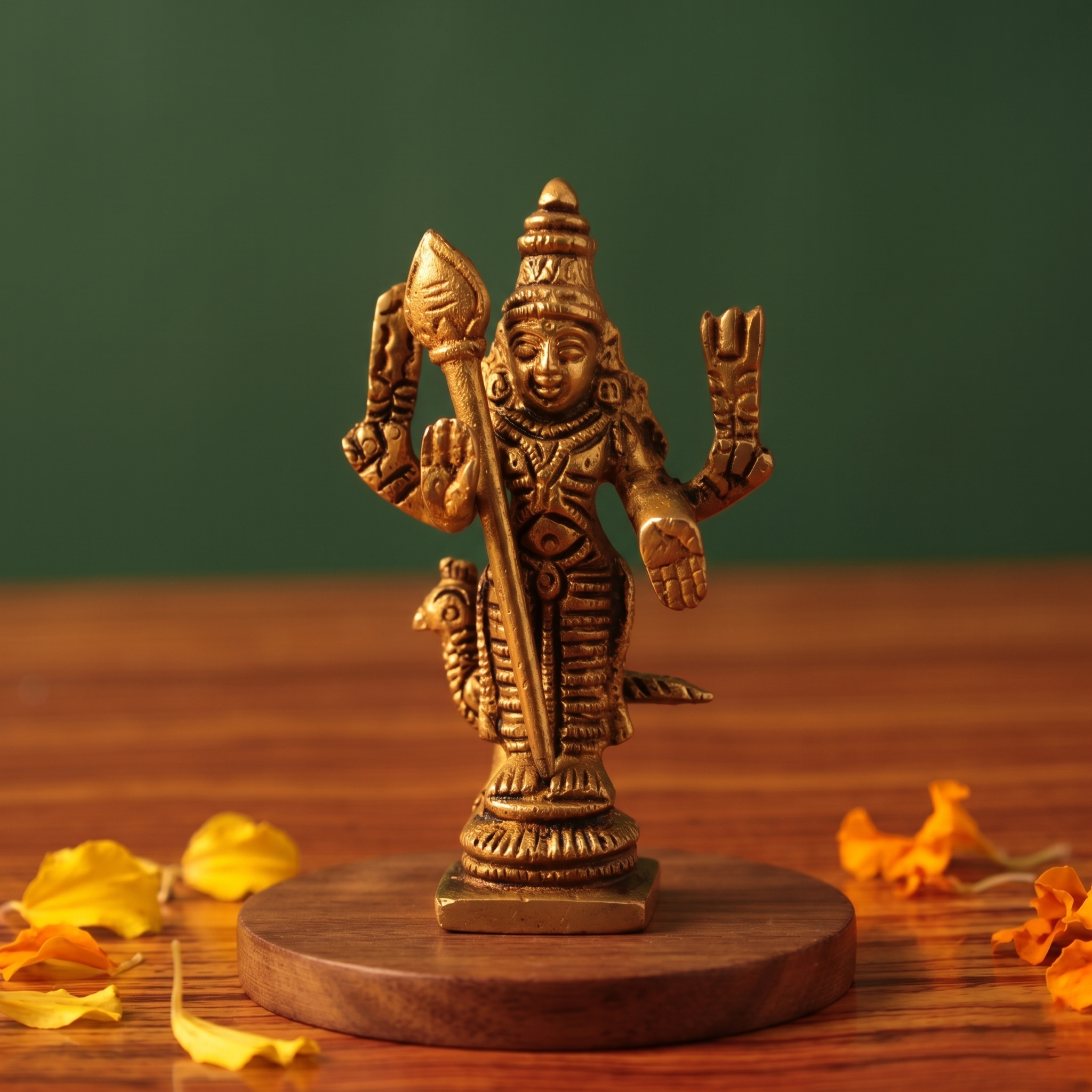 Brass Murugan idol in straight front-facing standing pose holding vel with peacock at feet, on wooden platform with marigold petals, green backdrop.
