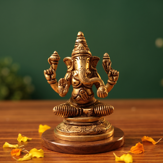 Ganesh idol front facing view blessing hand raised on wooden platform with marigold petals green backdrop