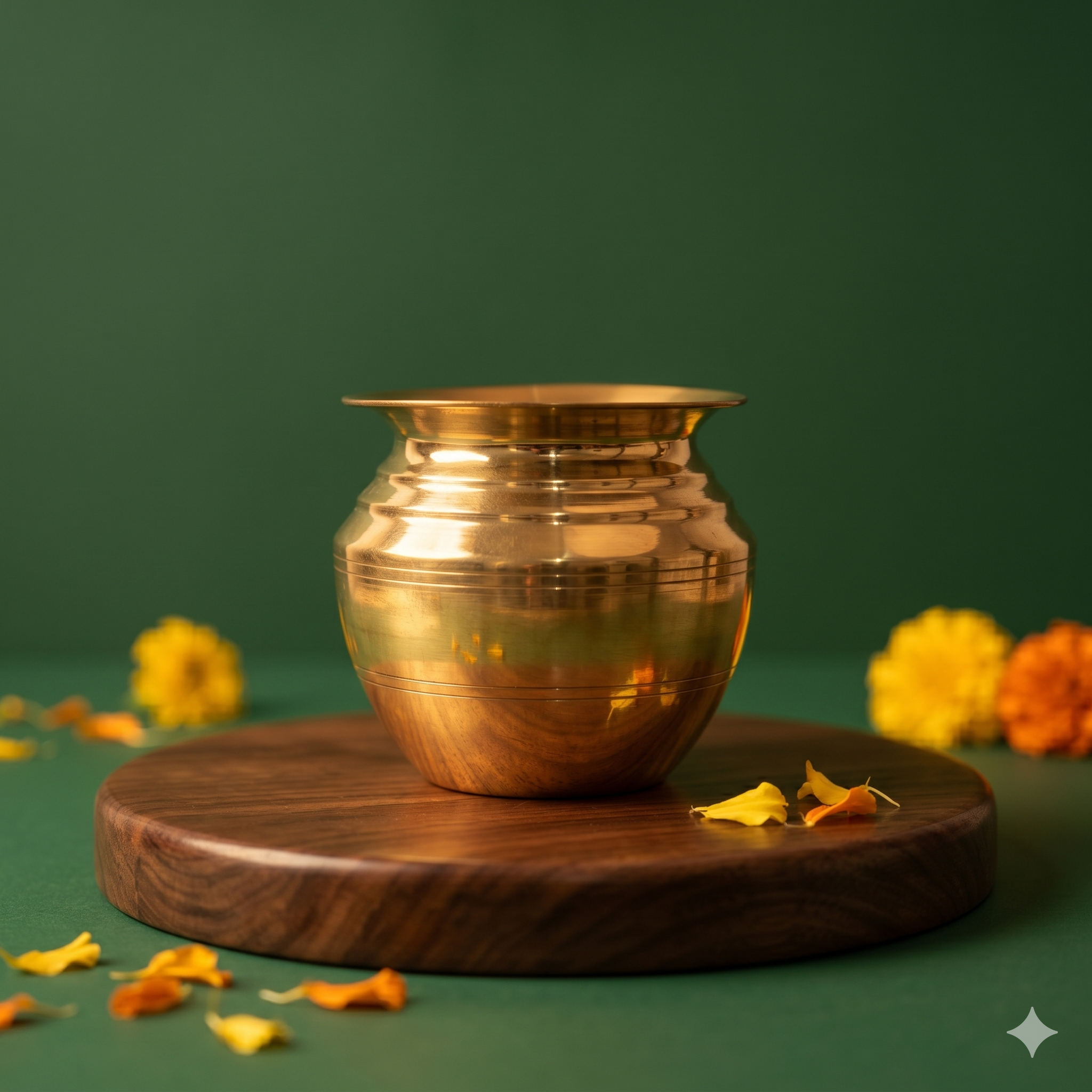 Kalash Sombu in a wide front view on a round wooden base with marigold flowers and petals around against a green surface