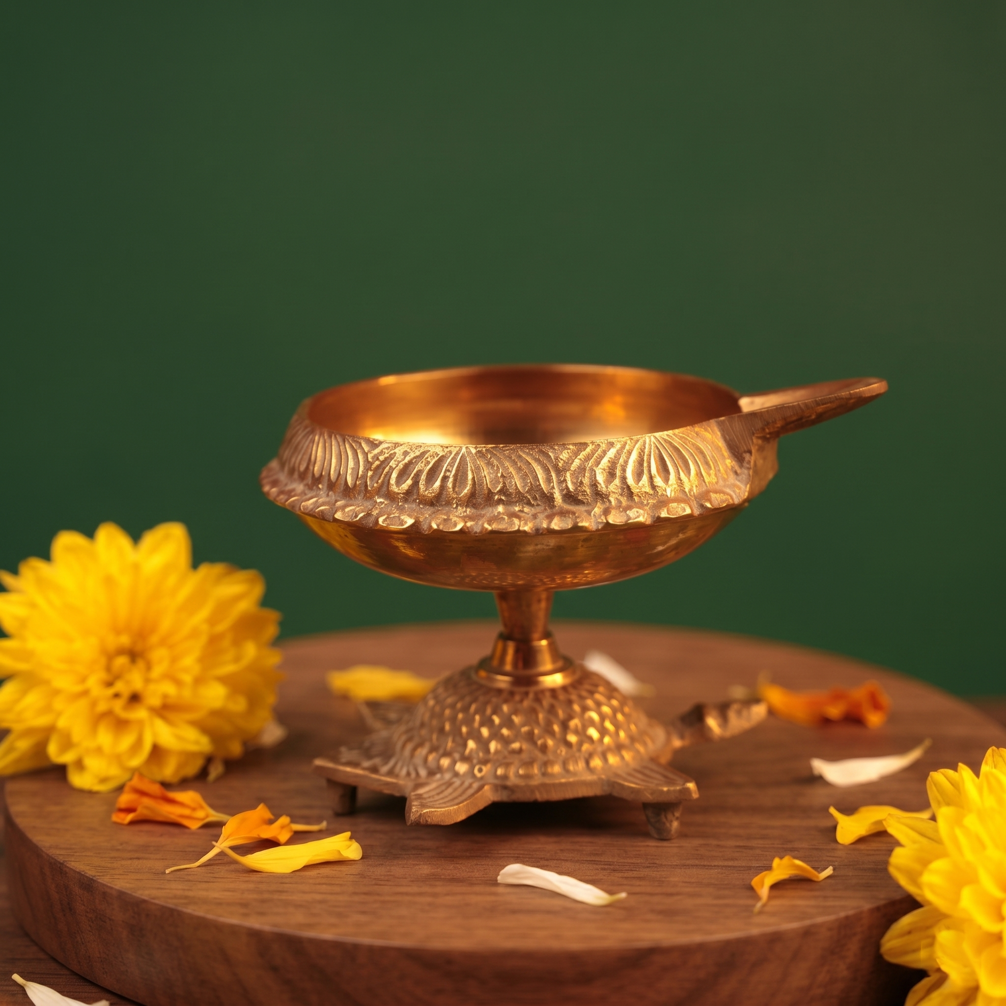 Aamai Vilakku Koorma Deepam with engraved tortoise base in front view on a wooden base with yellow flowers and petals against a green backdrop