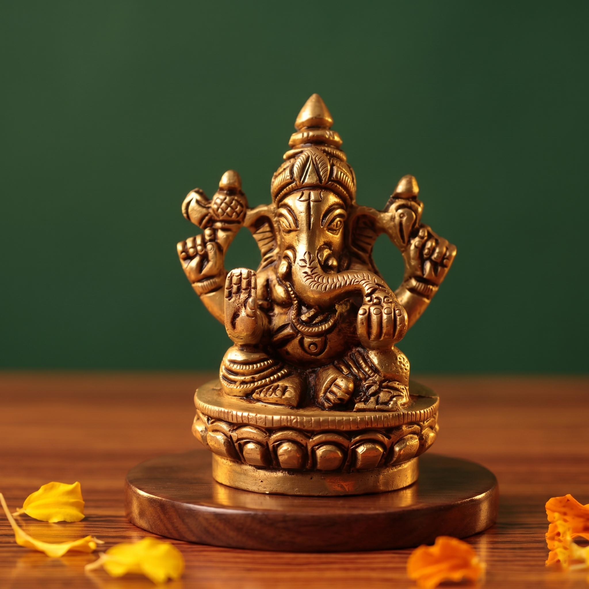 Brass Ganesh idol in straight front-facing seated pose on lotus base, holding modak, on wooden platform with petals, green backdrop.

