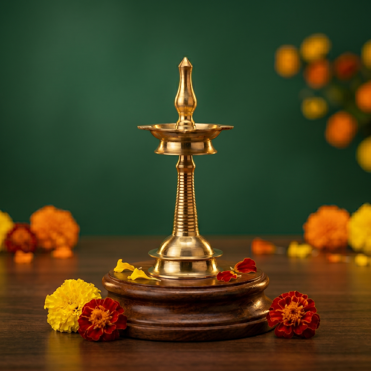 Nilavilakku Kerala floor lamp in straight front view on wooden base with red and yellow marigold flowers against green backdrop