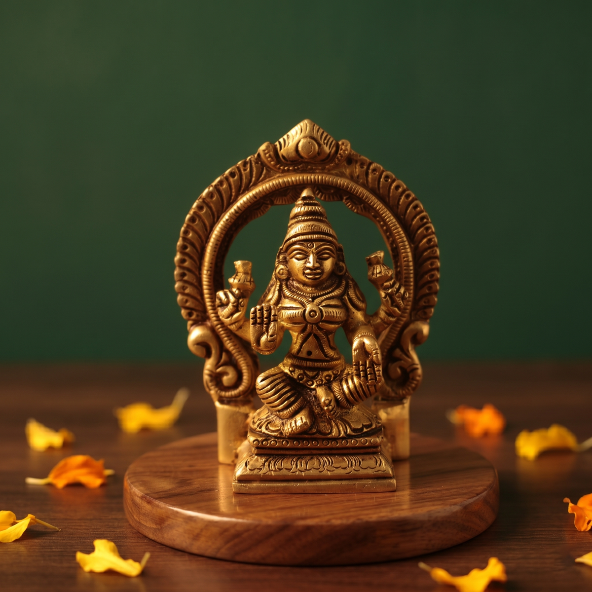 Brass Lakshmi idol in straight front-facing seated pose within decorative arch, on wooden platform with marigold petals, green backdrop.
