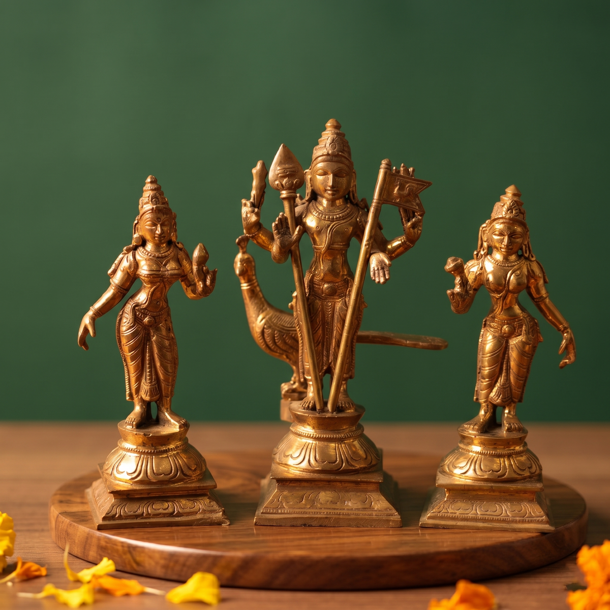 Panchalogam Murugan Set in front view with Valli and Devasena on either side holding vel with peacock on a wooden plate against a green background.