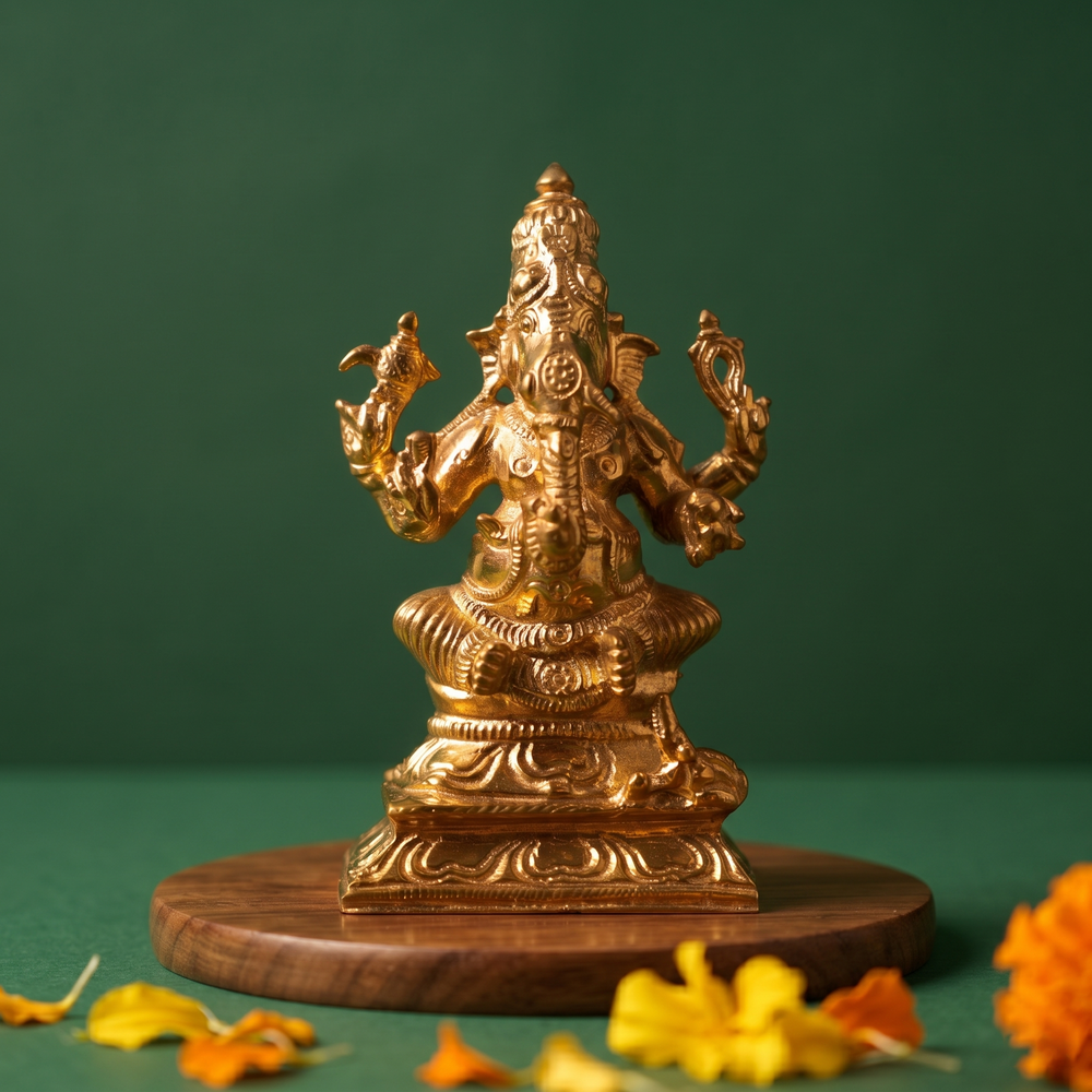 Ganesh Sitting Edampuri in front view, seated on a lotus base with yellow and orange marigolds on a wooden plate.