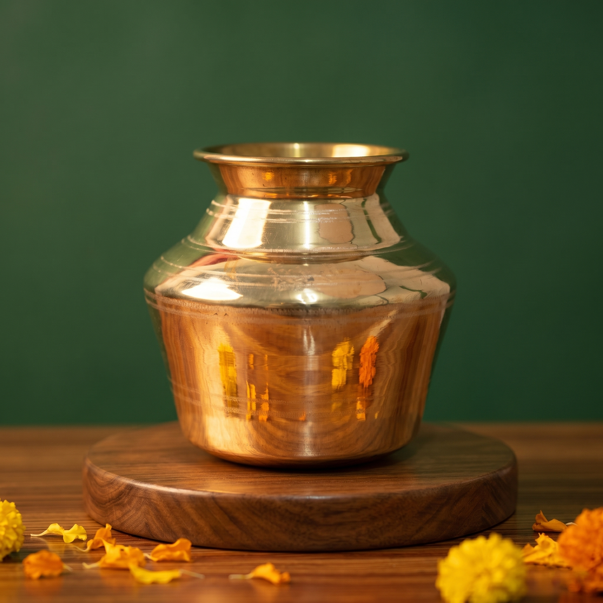 Special Sombu in close-up front view on a wooden base with marigold flowers and petals on a wooden surface against a green backdrop
