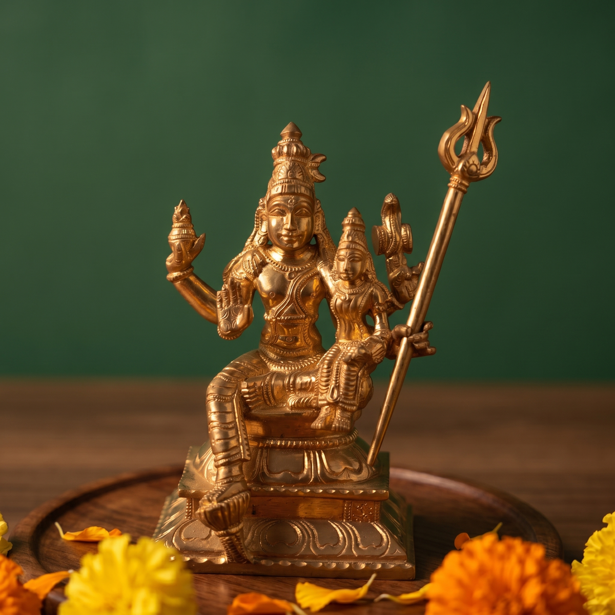 Sorna Aagashabairavar idol in front view seated with Parvati holding trishul with yellow and orange marigolds on wooden plate.