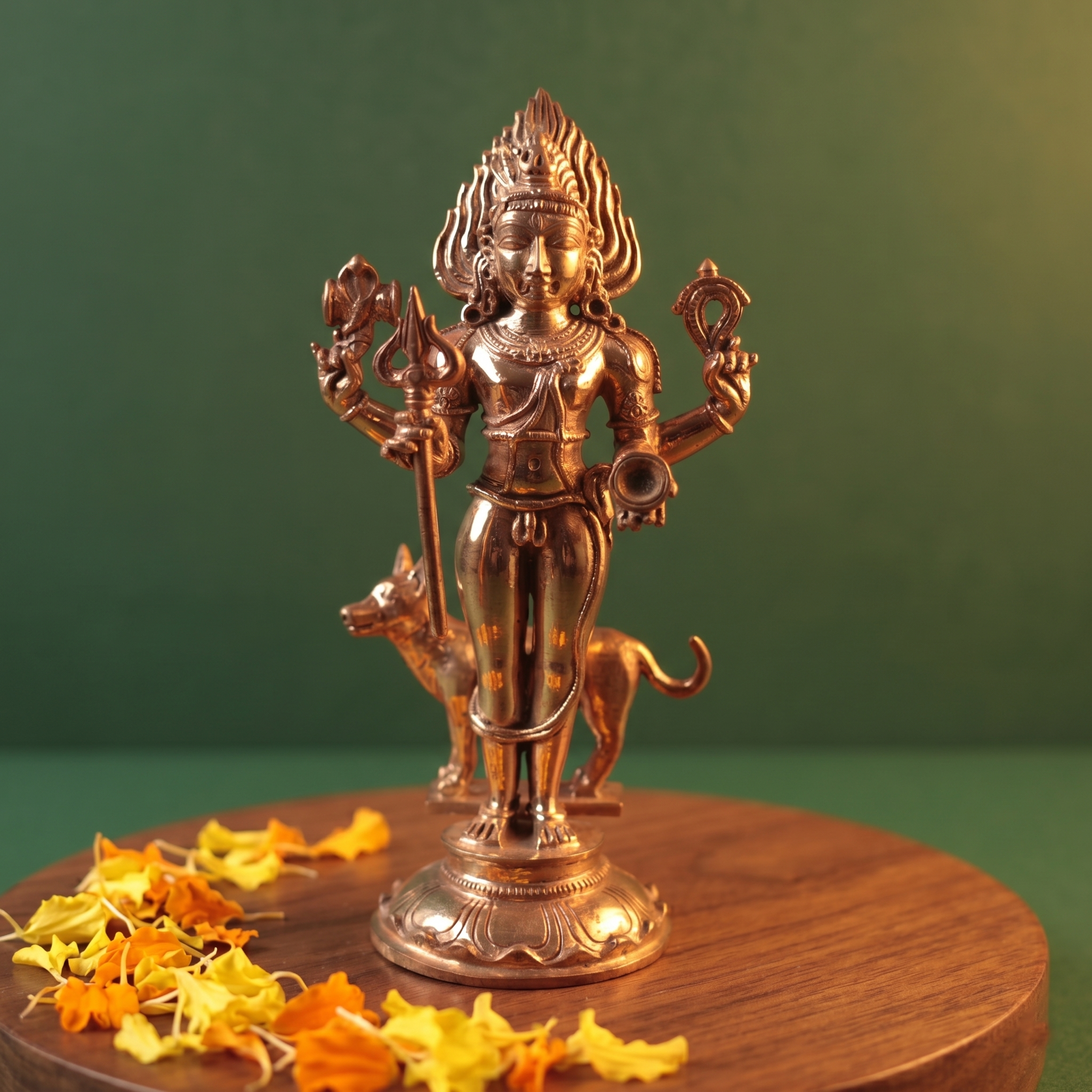 Kala Bhairava idol in front view, holding a trishul, with a dog beside him, on a lotus base with yellow and orange petals, on a wooden plate.
