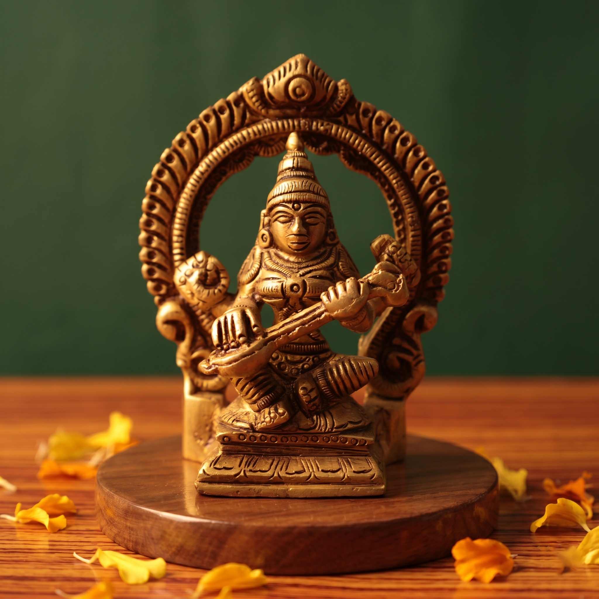 Brass Saraswathi idol in straight front-facing seated pose playing veena within decorative arch, on wooden platform, green backdrop.
