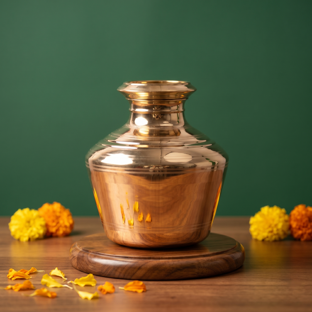 Brass Kalash Kodam in front view with a wide, round body and a tiered neck with yellow and orange marigolds on both sides on a wooden plate.