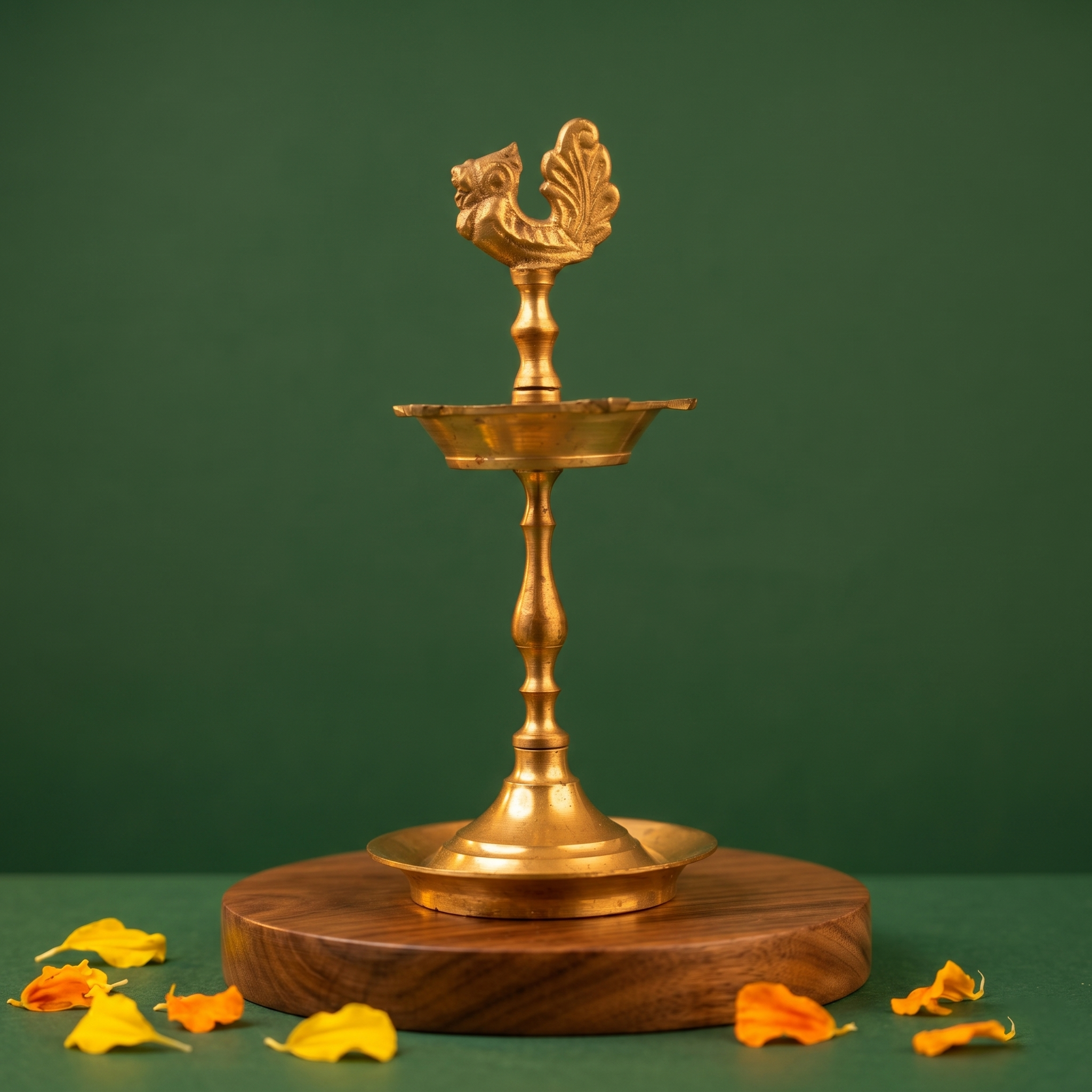 Karaikudi Vilakku with right-facing peacock on top in straight front view on a raised wooden base with petals against a green backdrop