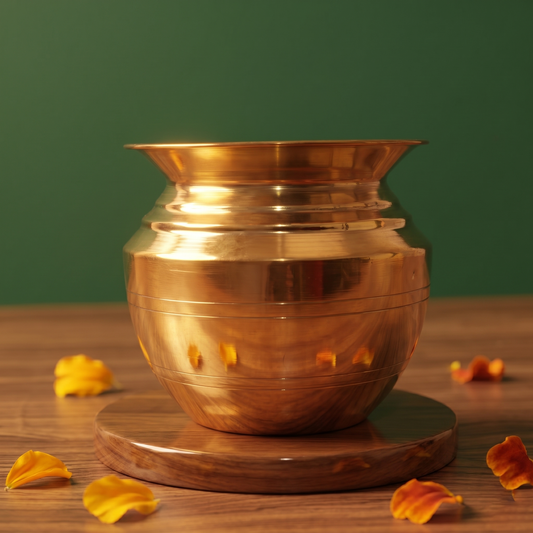 Kalash Sombu in close-up front view on a round wooden base with marigold petals scattered around against a green backdrop