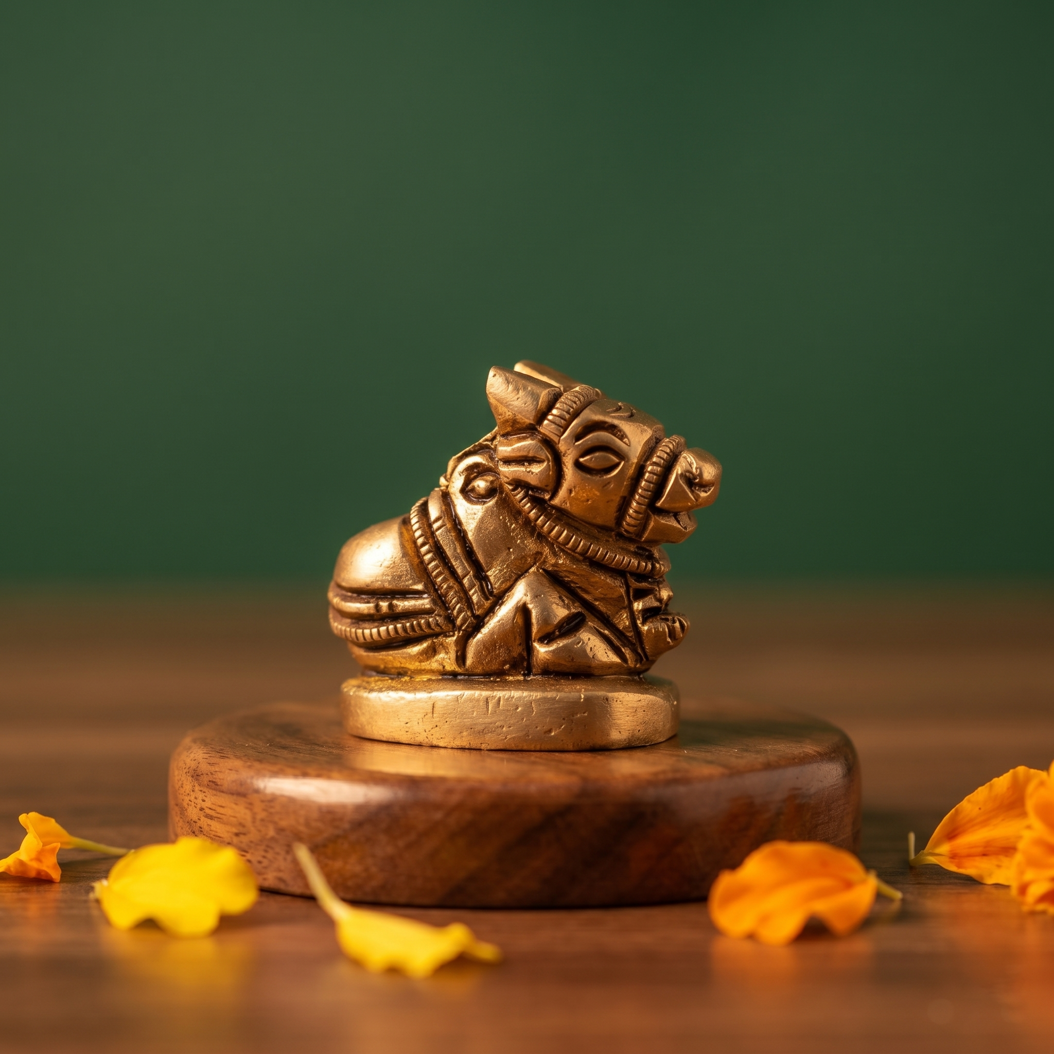 Brass Nandi idol in a slight left-angle resting pose on a round pedestal, on a wooden platform with marigold petals, green backdrop.
