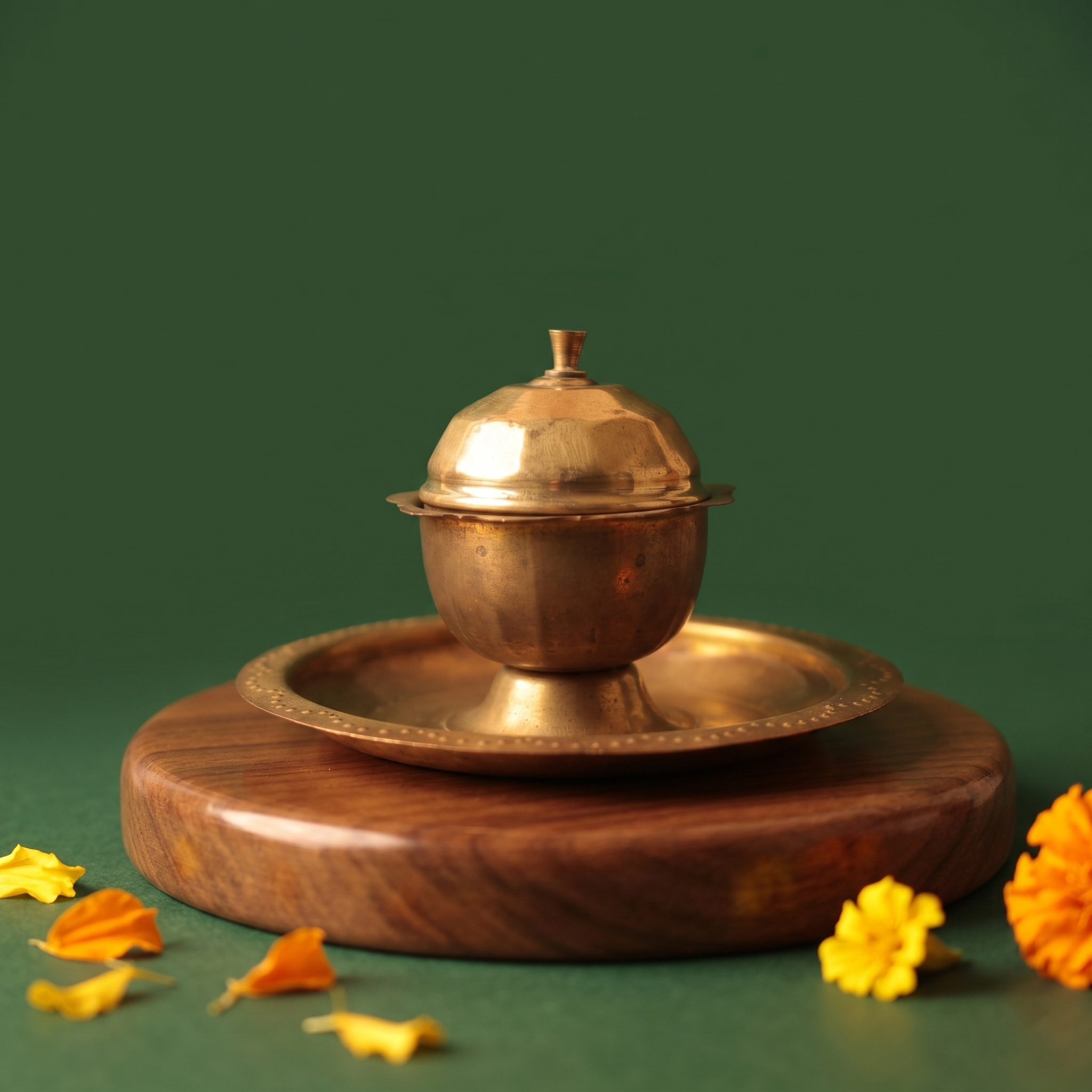 Brass Kumkum Sindoor Box with domed lid on a brass plate in straight front view on a wooden base with marigold flowers on green surface