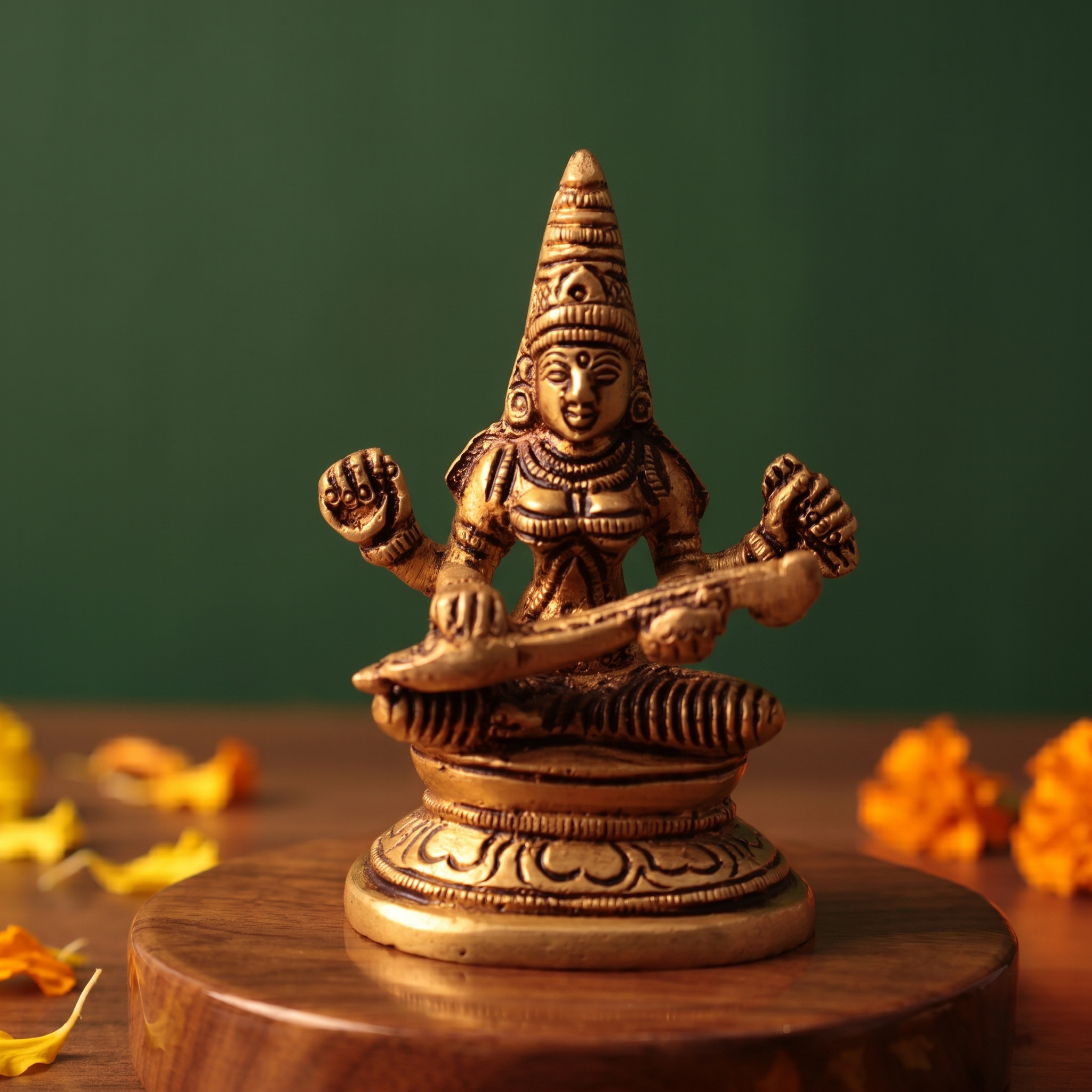 Brass Saraswathi idol in straight front-facing seated pose playing veena, on a wooden platform with marigold petals, green backdrop.
