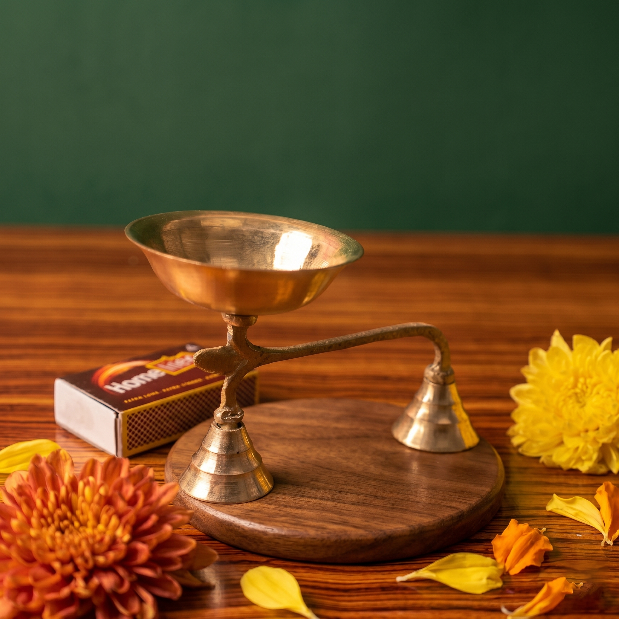 Brass Dhoopakal on the right side angle with a bell handle and a deep bowl with orange and yellow flowers on a wooden plate.