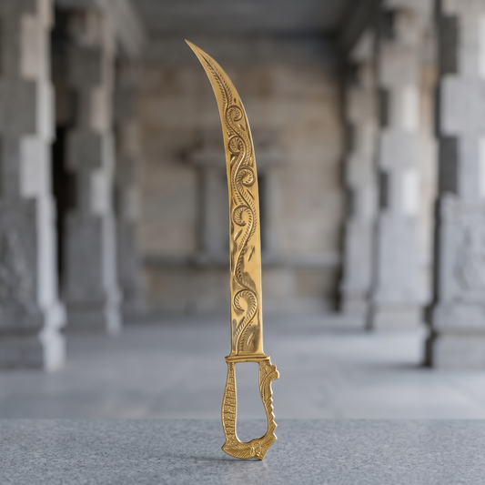 Kathi Talwar light weight ritual sword straight front view showing engraved blade on temple pillar backdrop