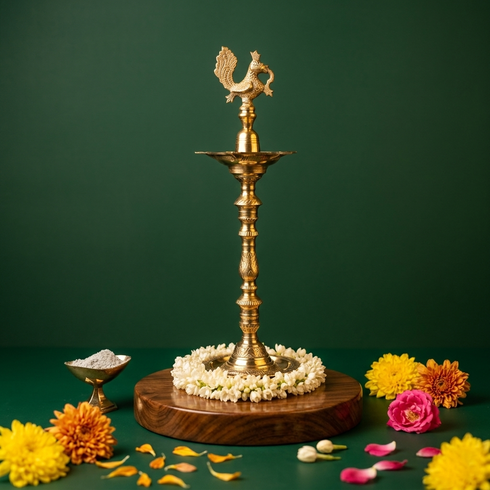 Annam Vilakku with left-facing swan on top in front view on wooden base with jasmine garland and colourful flowers against green backdrop
