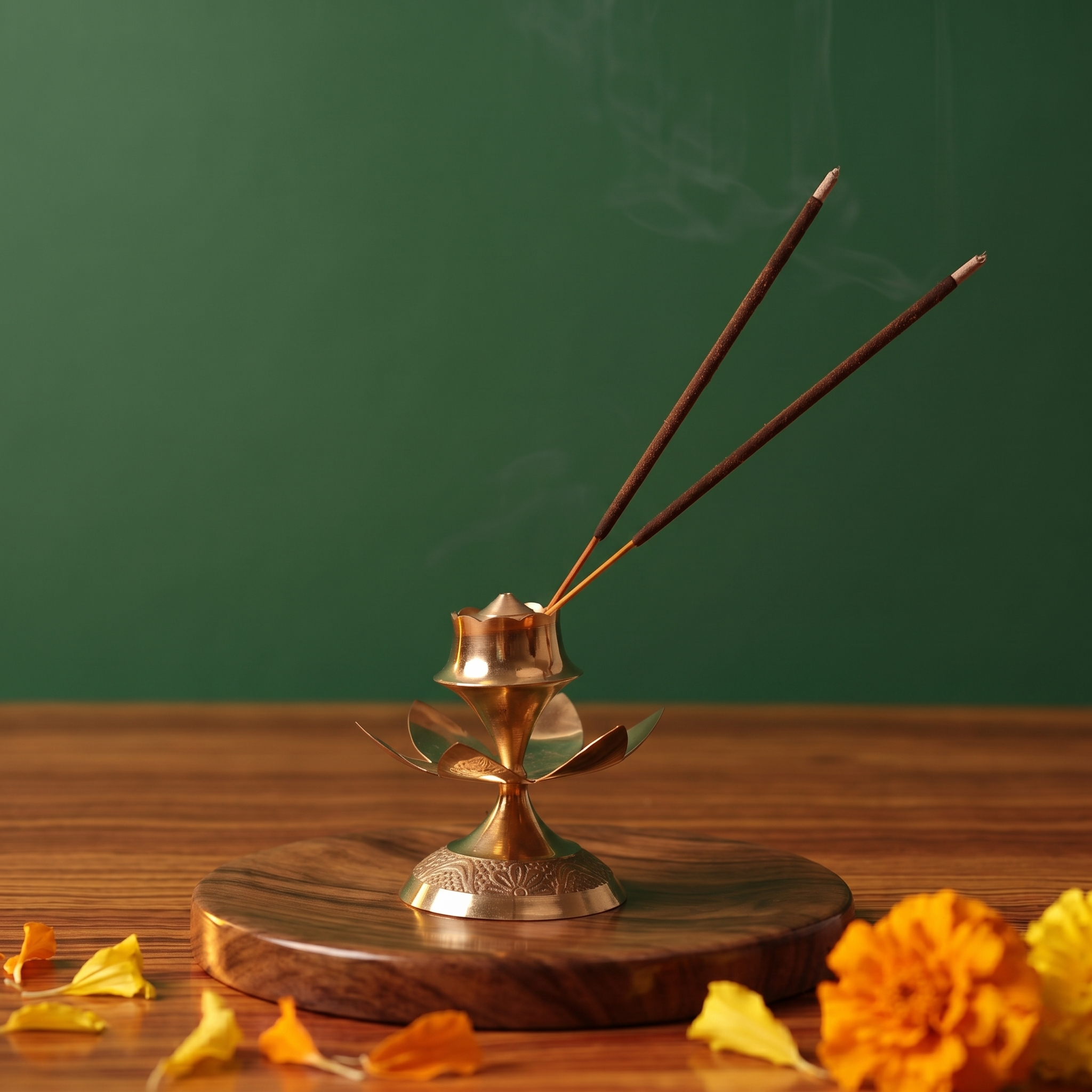 Brass Agarbatti Stand Dhoop Dani Lotus Design in right side angle with two lit incense sticks releasing smoke with orange marigolds on a wooden plate.