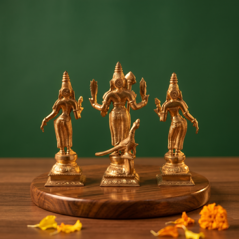 Panchalogam Murugan Set in back view with Valli and Devasena on either side, with a peacock at the base and orange petals on a wooden plate.