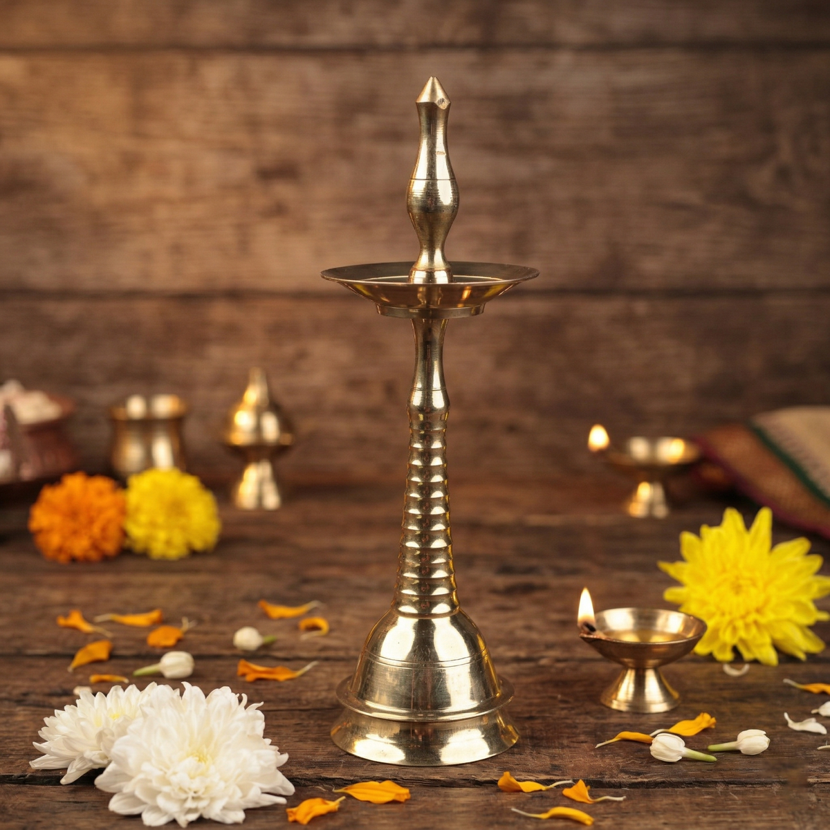 Nilavilakku Kerala floor lamp in straight front view with lit diya and colourful flowers on a wooden surface against a wooden backdrop