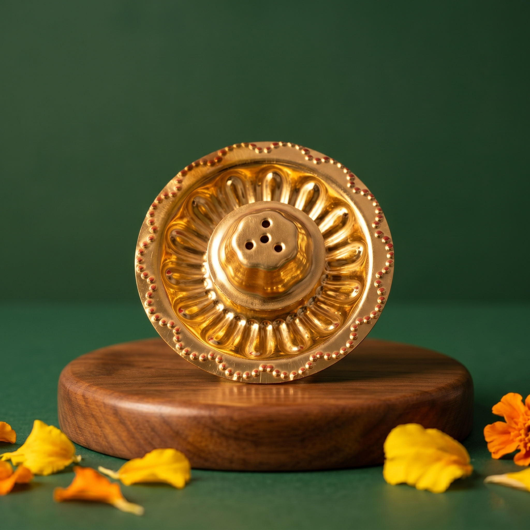 Brass Agarbatti Dhoop Stand top view showing circular floral design with incense holes, with scattered yellow and orange petals on a wooden plate.