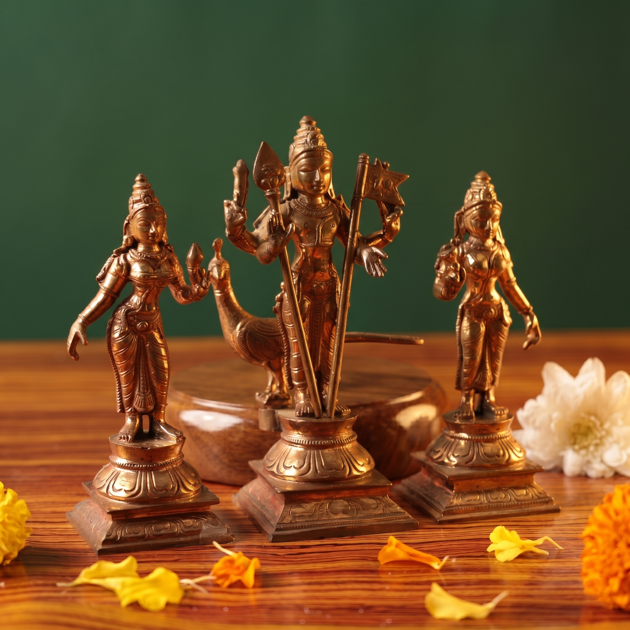 Panchalogam Murugan Set in the left side angle with Valli and Devasena on either side, with white flowers and yellow petals on a wooden surface.