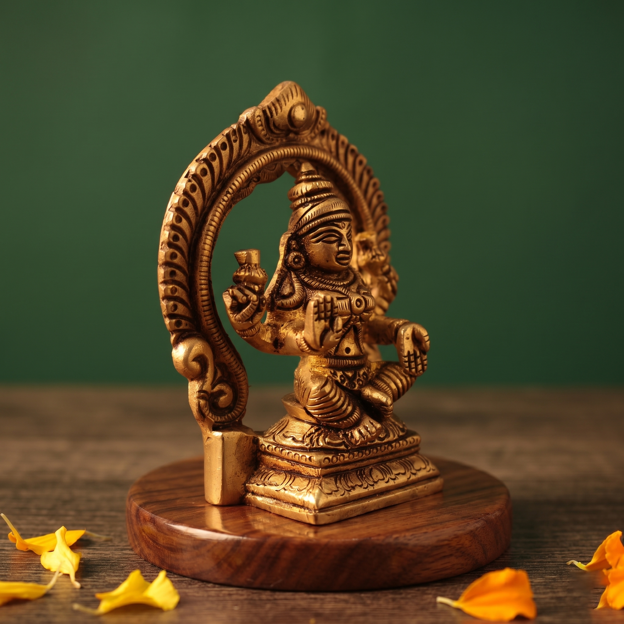 Brass Lakshmi idol in left side-angle seated view within decorative arch, on wooden platform with scattered petals, green backdrop.
