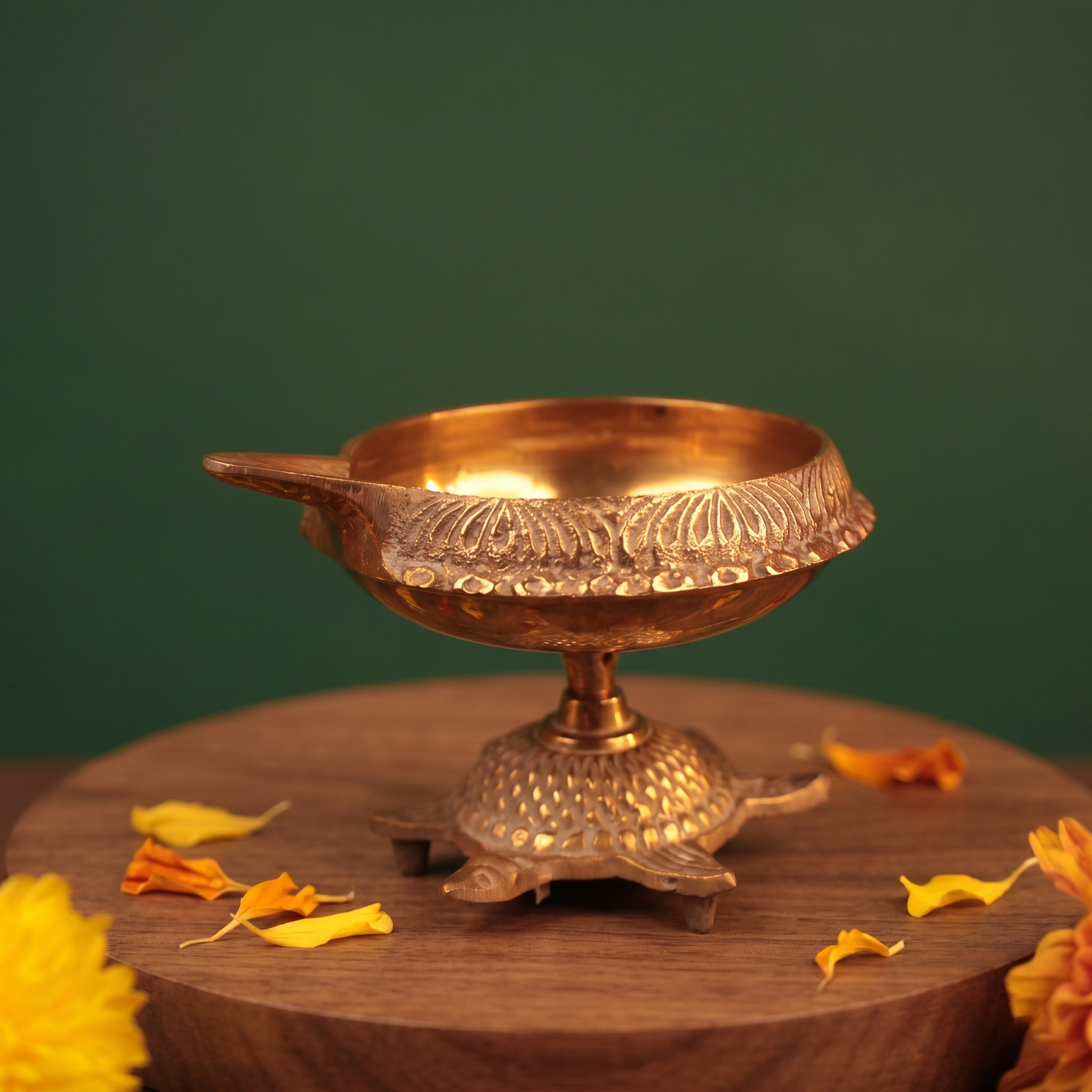 Aamai Vilakku Koorma Deepam with tortoise base in close-up right-side view on a wooden base with petals against a green backdrop