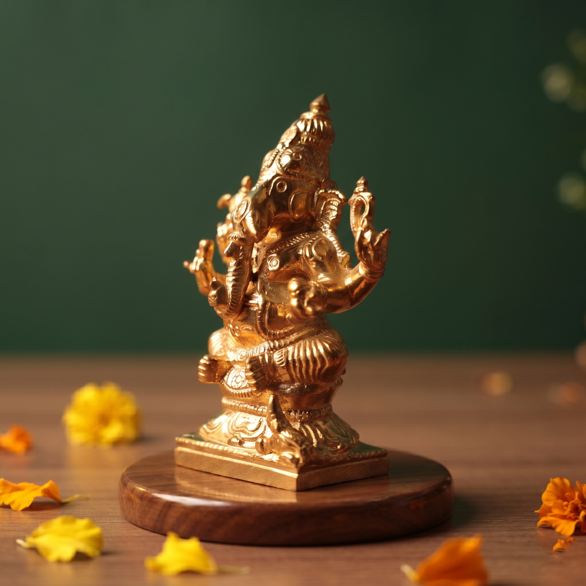 Ganesh Sitting Edampuri in right side angle seated with four arms with scattered yellow and orange petals on a wooden plate.