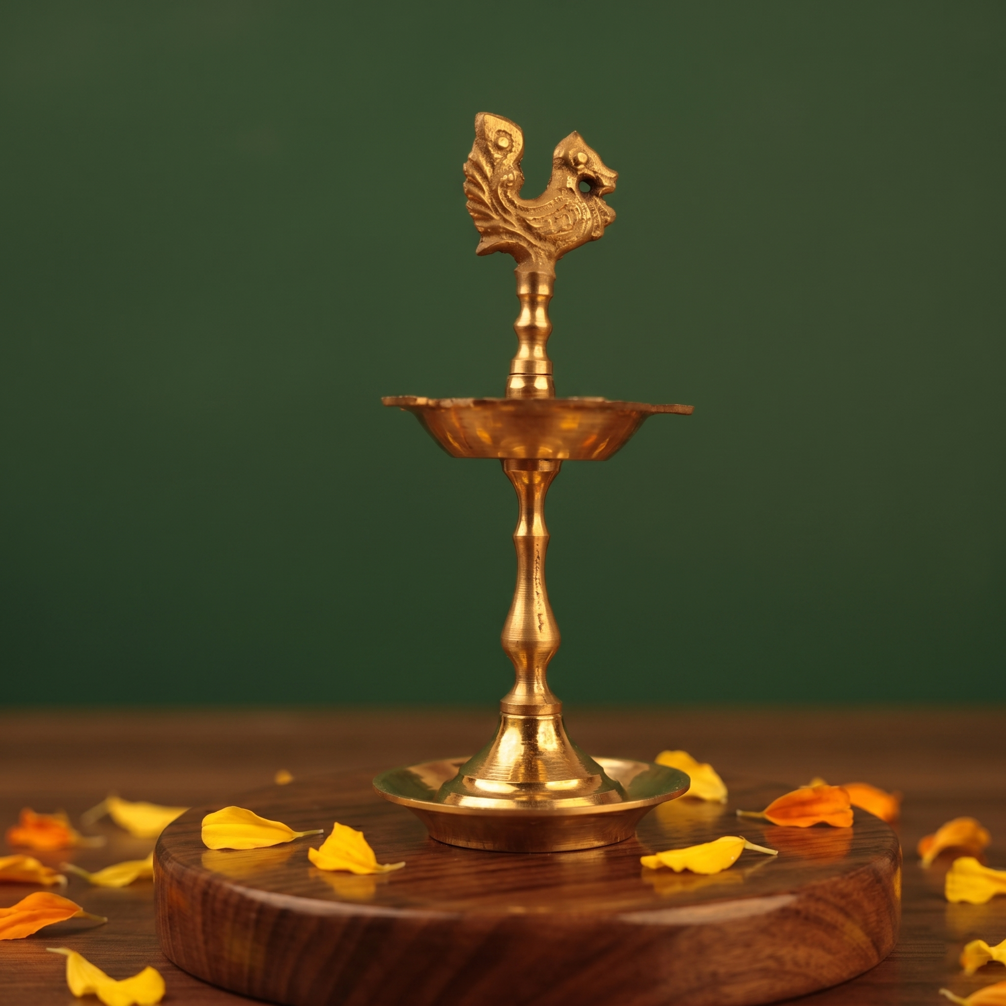 Karaikudi Vilakku with left-facing peacock on top in front view on wooden base with colorful petals against green backdrop