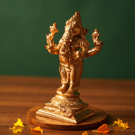 Ganesh Standing Valampuri in right side angle with four arms and ornate detailing with scattered yellow petals on a wooden plate.