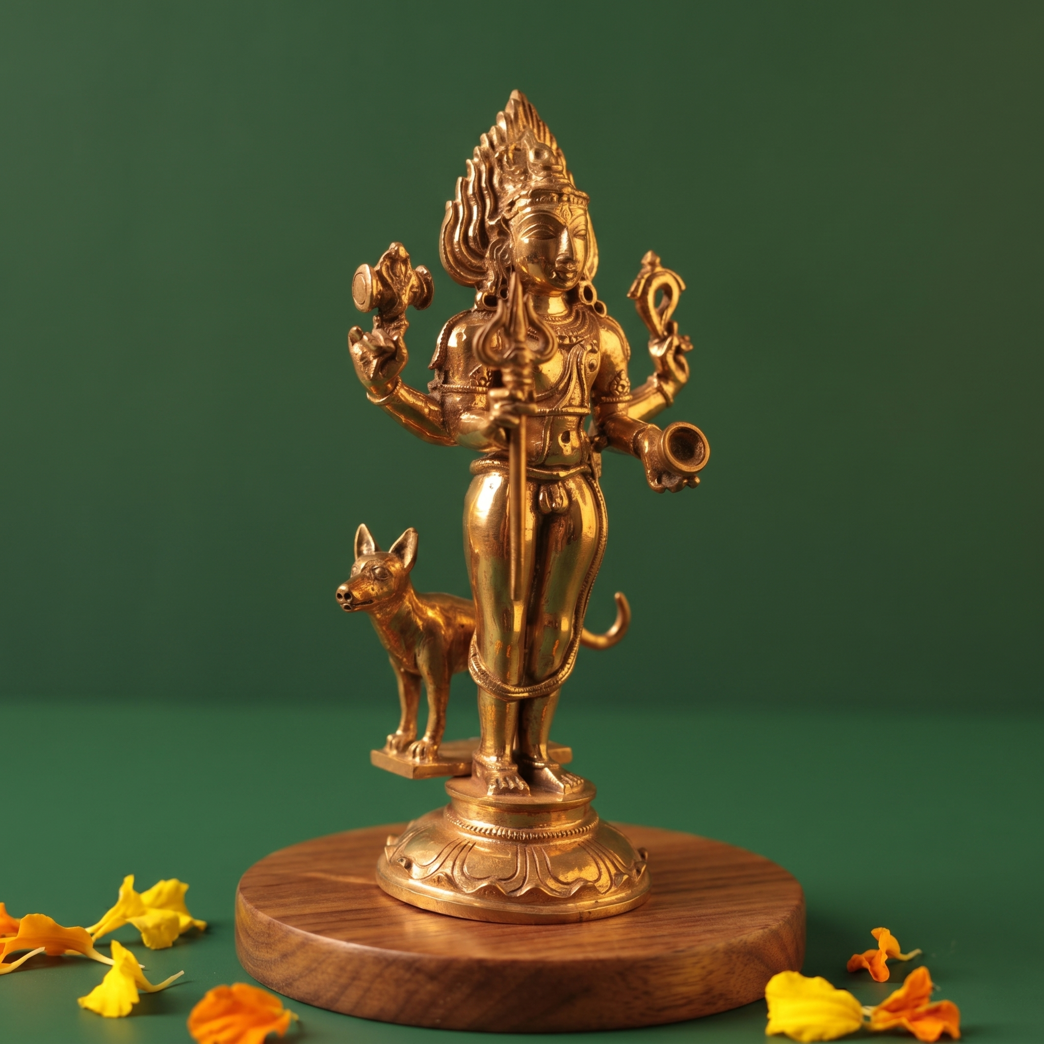 Kala Bhairava idol on the left side angle with a dog beside him on a lotus base with yellow and orange petals on a wooden plate.