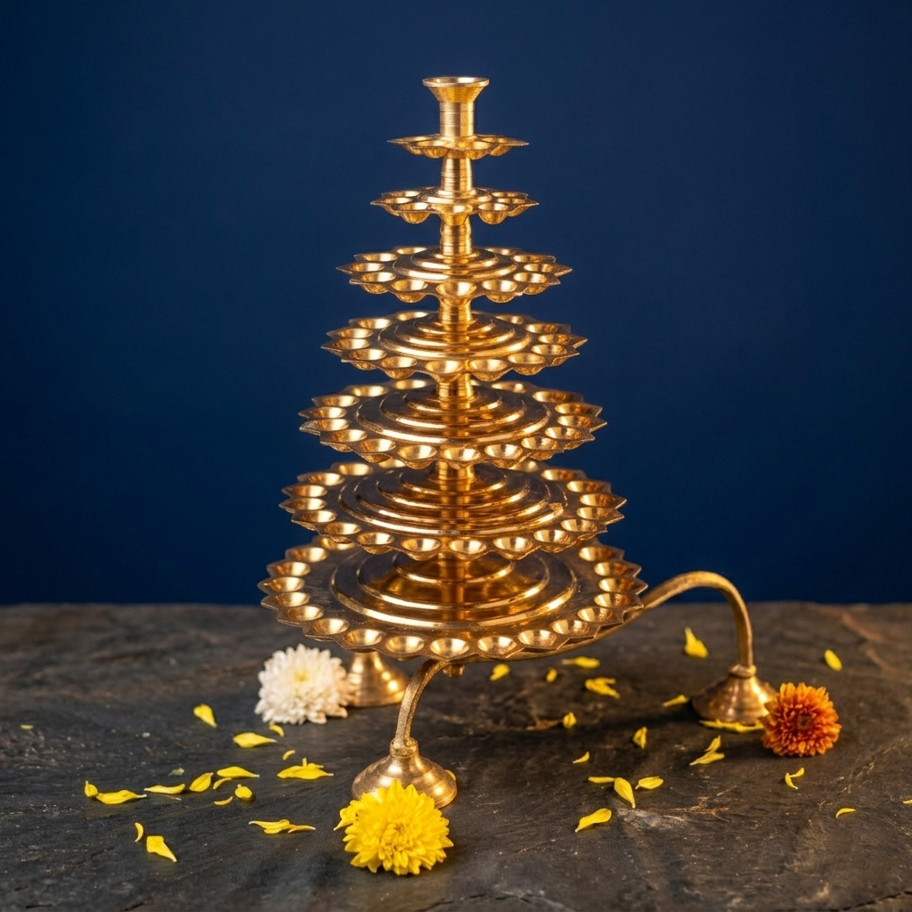 Aal Vilakku Adukku Aarthi with seven tiers in a slight top-angle view with white, yellow, and orange flowers on stone against a blue backdrop