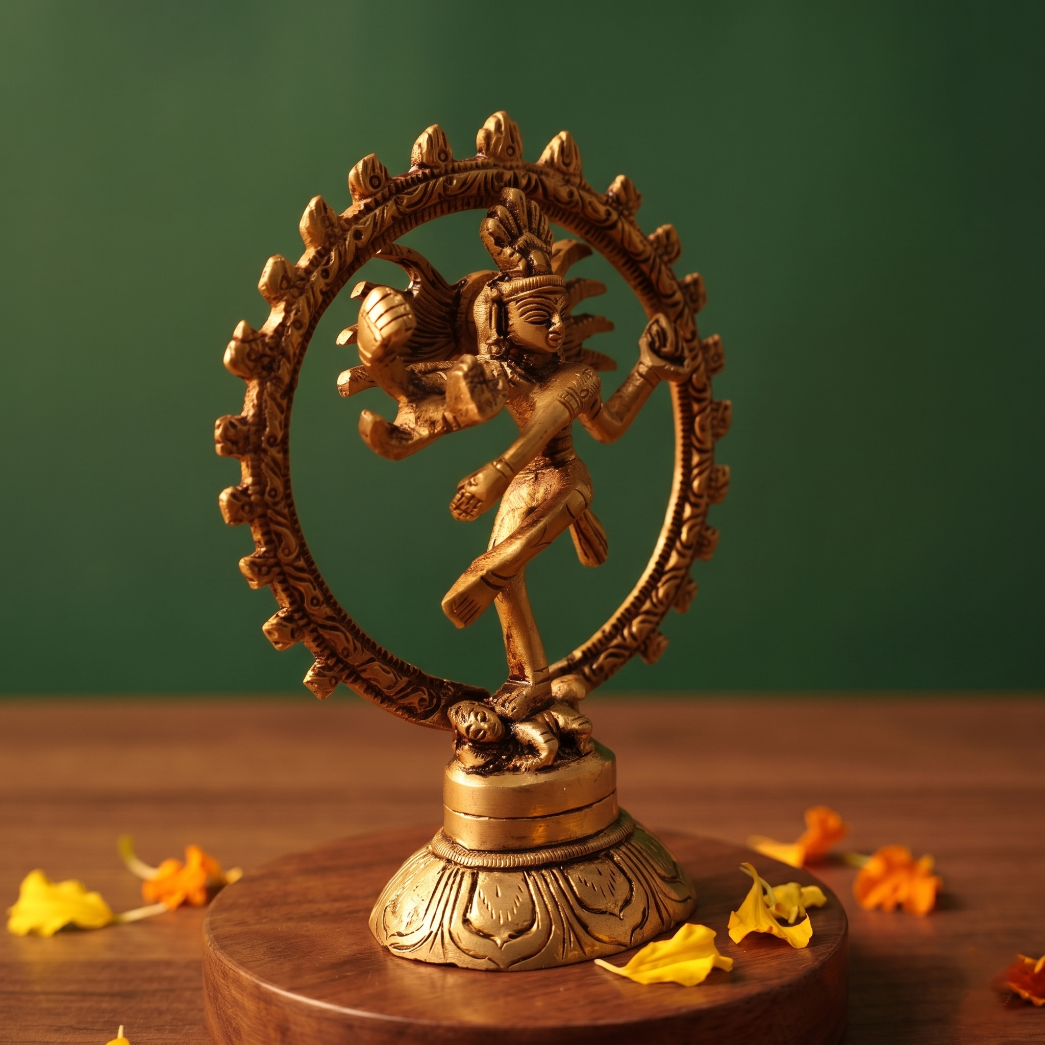 Brass Nataraja idol in a slight left-angle dancing pose within a fire ring, on a wooden platform with scattered petals, green backdrop.
