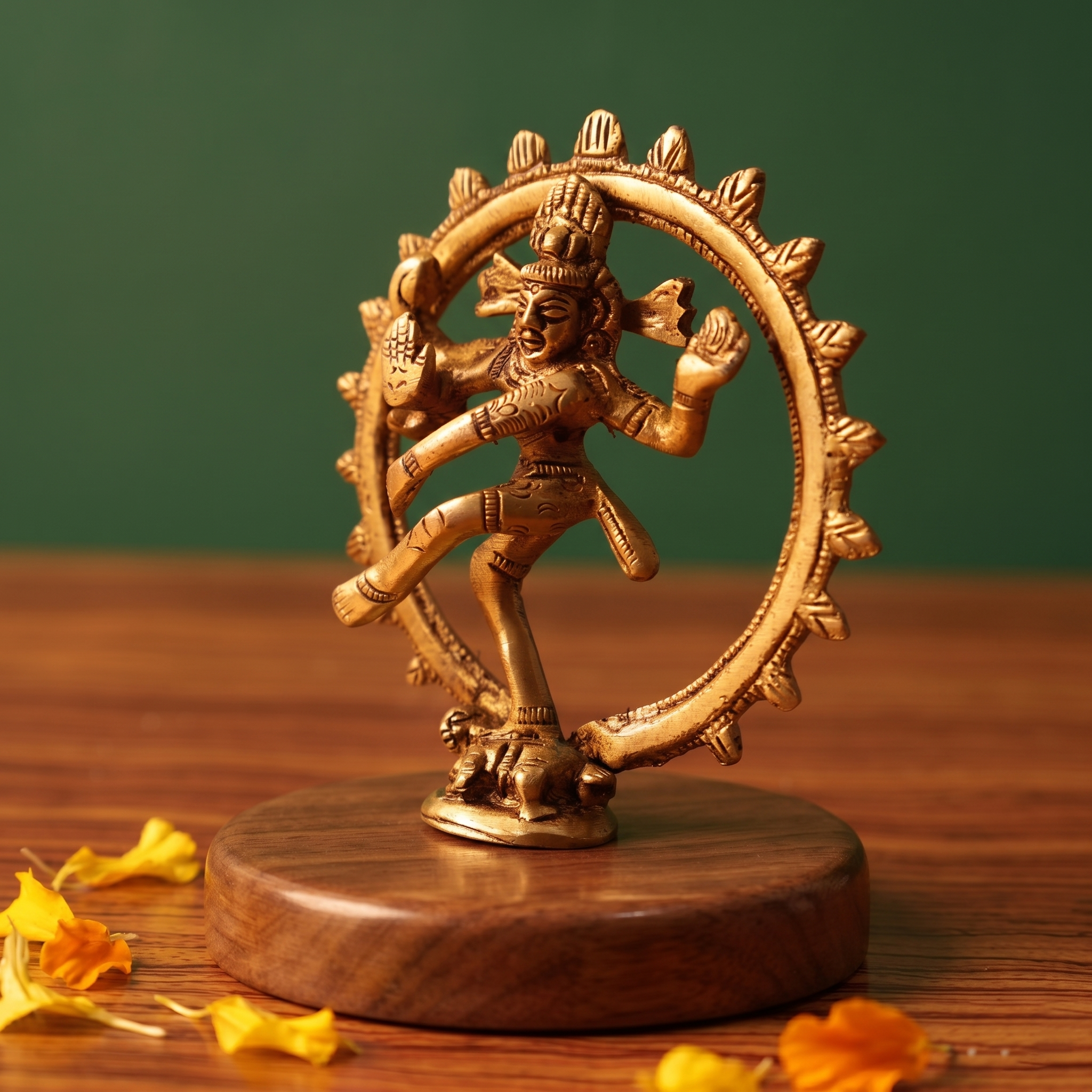 Brass Nataraja idol in a slight right-angle dancing pose within a fire ring, on a wooden platform with marigold petals, green backdrop.
