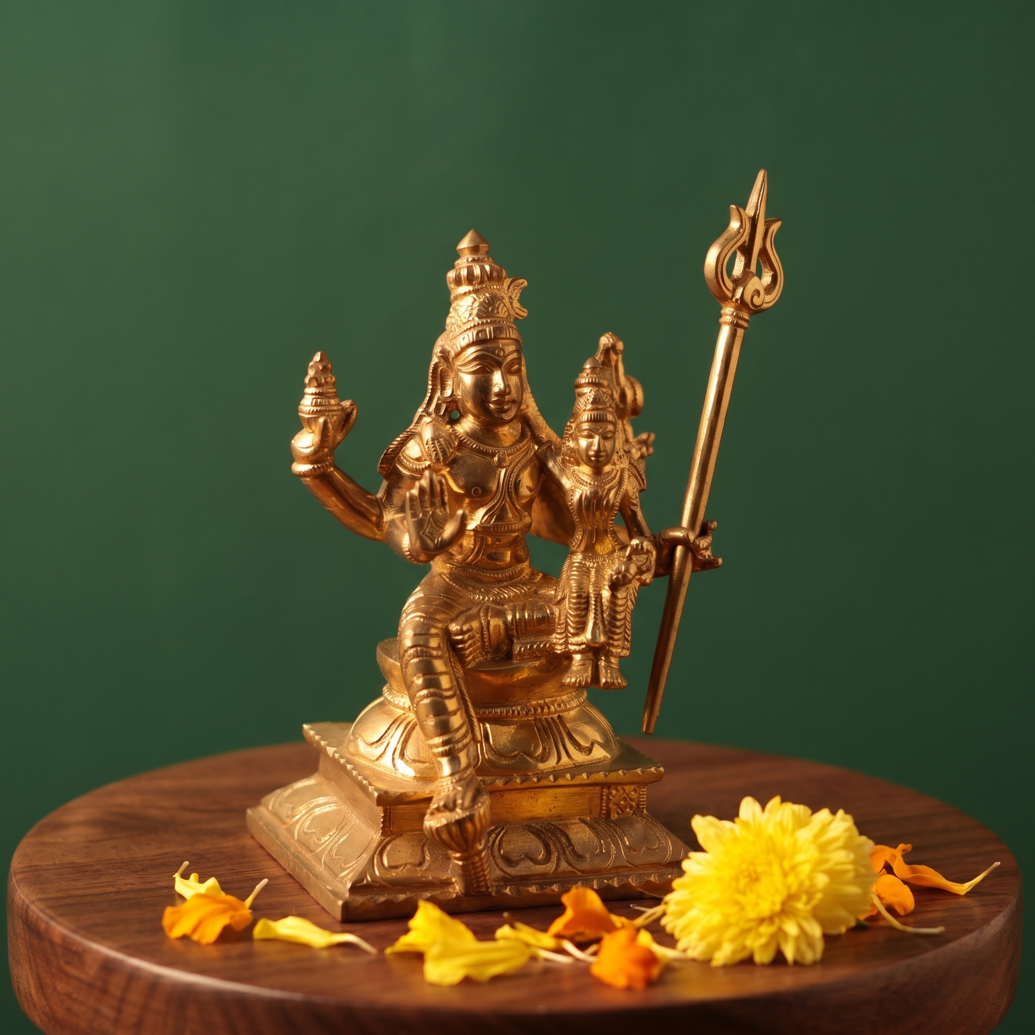 Sorna Aagashabairavar on the left side angle, seated with Parvati holding a trishul with yellow flowers and petals on a wooden plate.