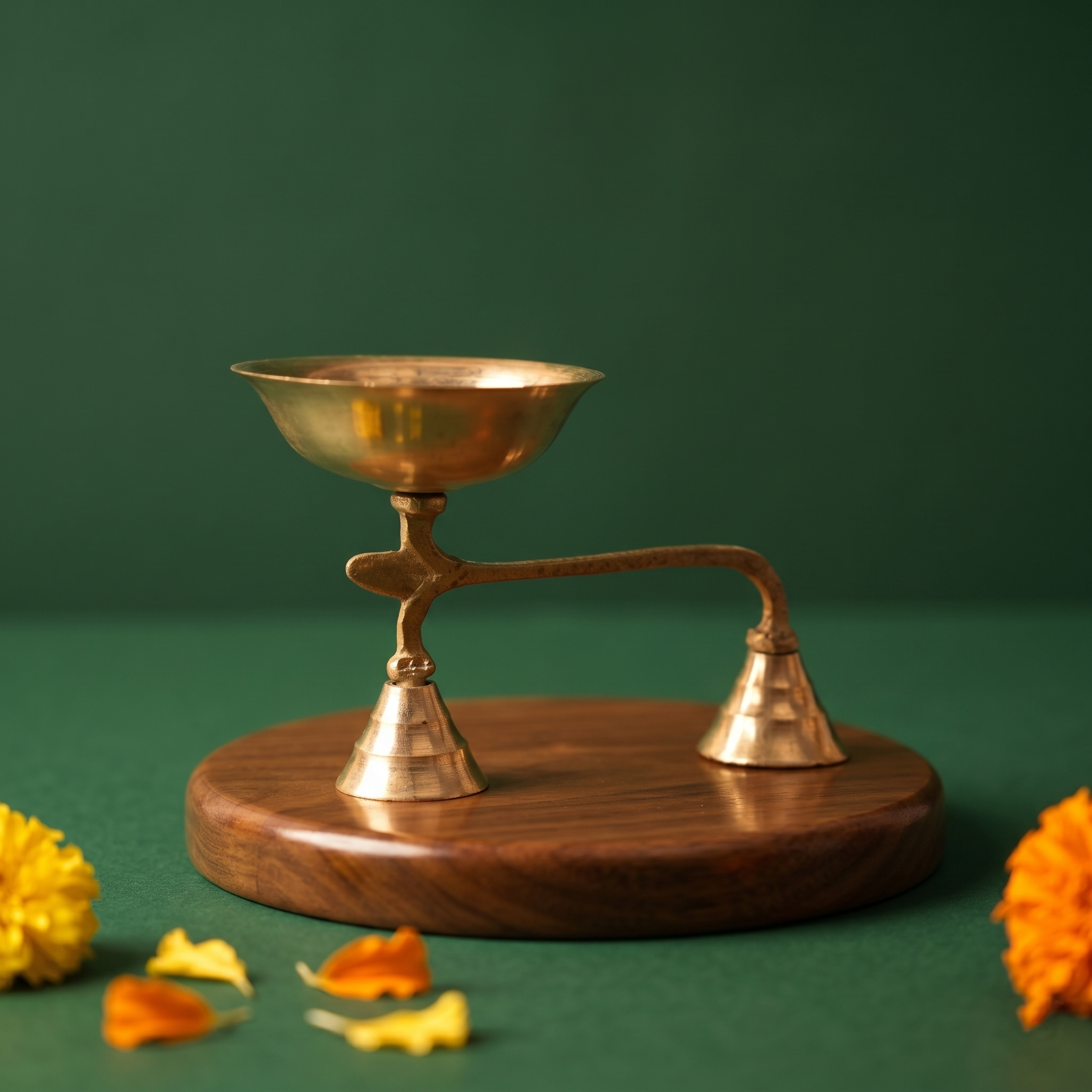 Brass Dhoopakal in right side angle with bell handle and deep bowl with yellow and orange marigolds on wooden plate.