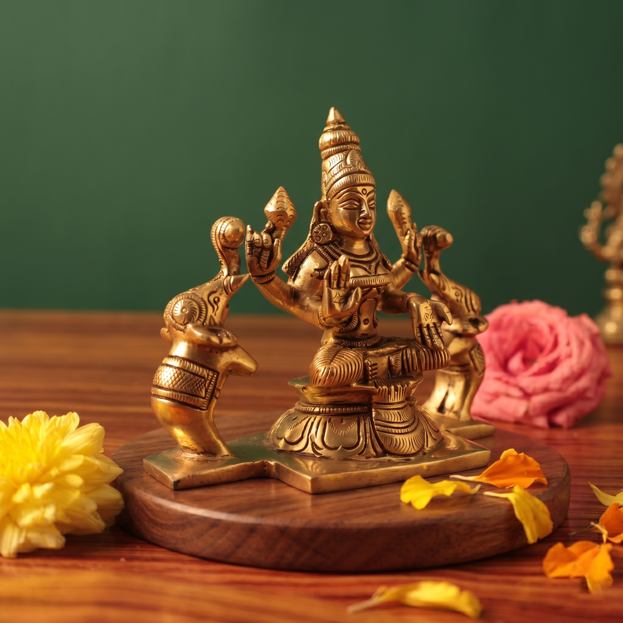 Brass Gaja Lakshmi idol in slight left-angle seated pose flanked by elephants, on a wooden platform with yellow and pink flowers, green backdrop.
