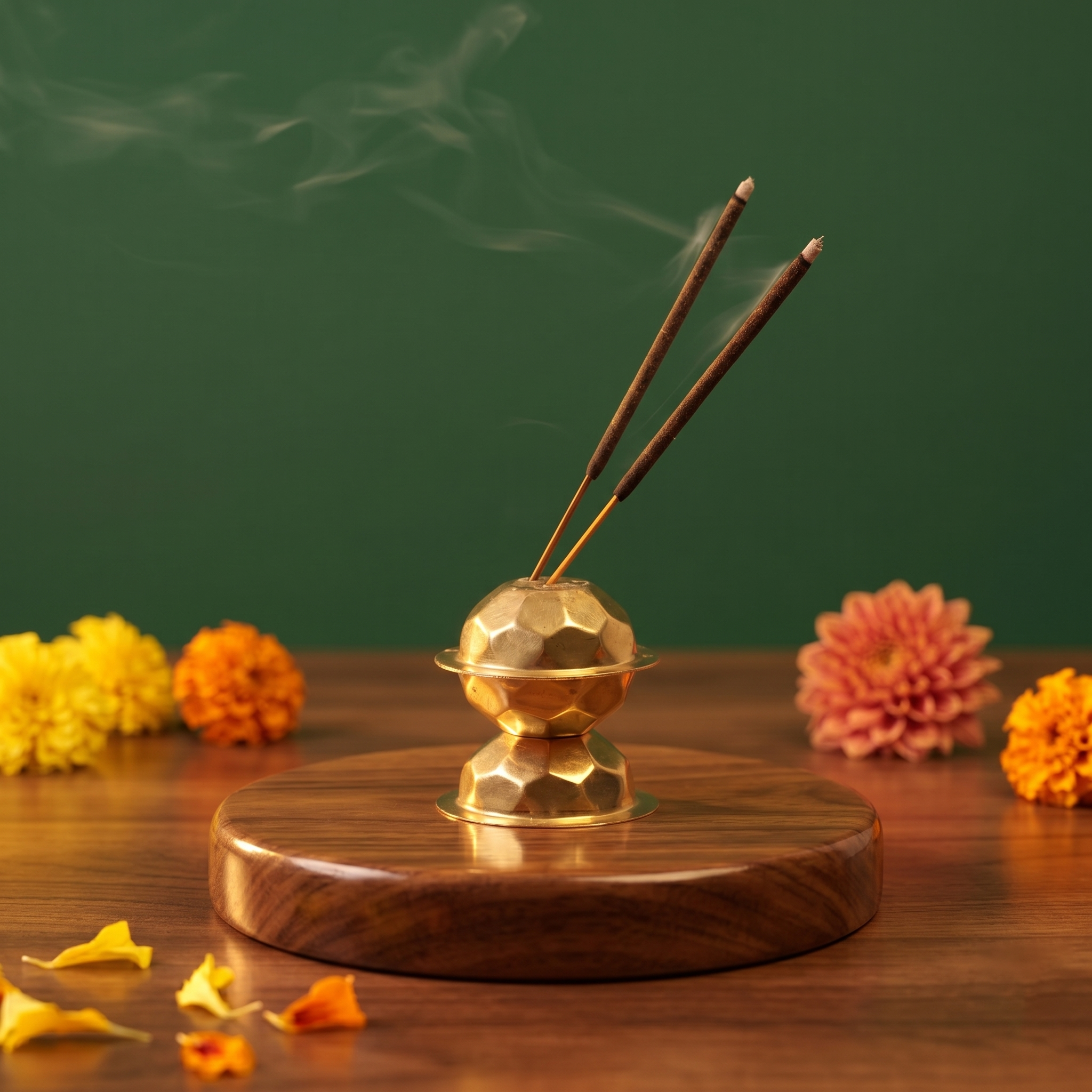 Brass Agarbatti Dhoop Stand in front view with two lit incense sticks releasing smoke with colourful marigolds on a wooden plate.