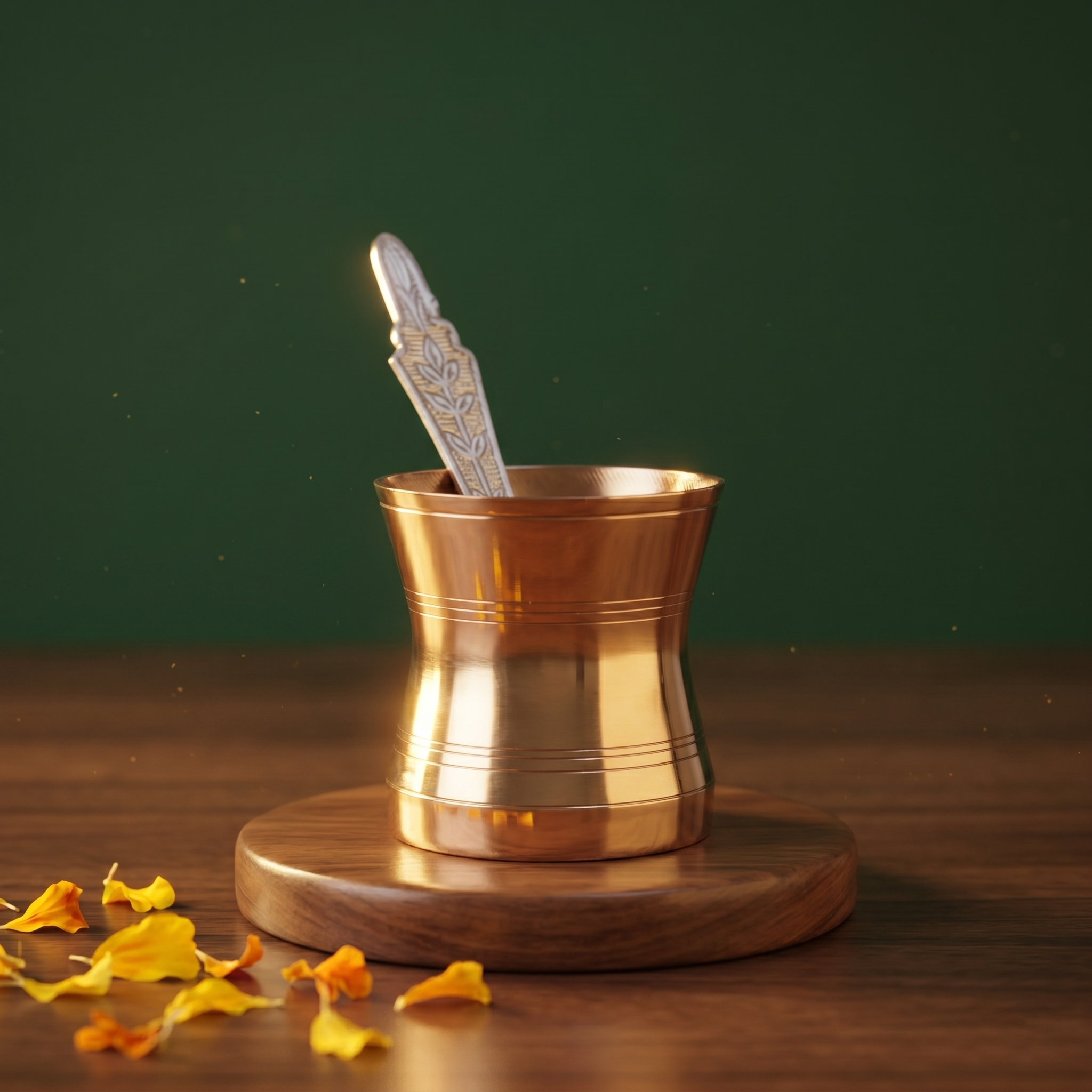 Brass Panchapatra and Achmani Set with engraved spoon inside in close-up front view on a wooden base with petals against a green backdrop