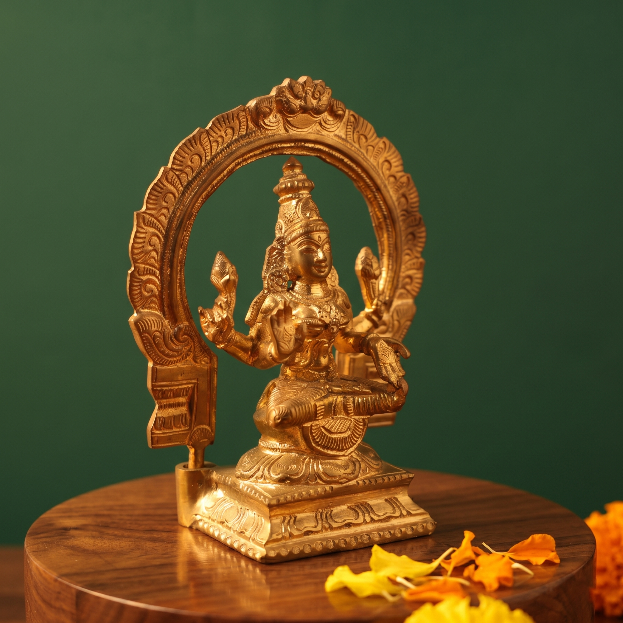Lakshmi idol on the left side angle with circular arch, Prabhavali seated on a lotus base with yellow and orange petals on a wooden plate.