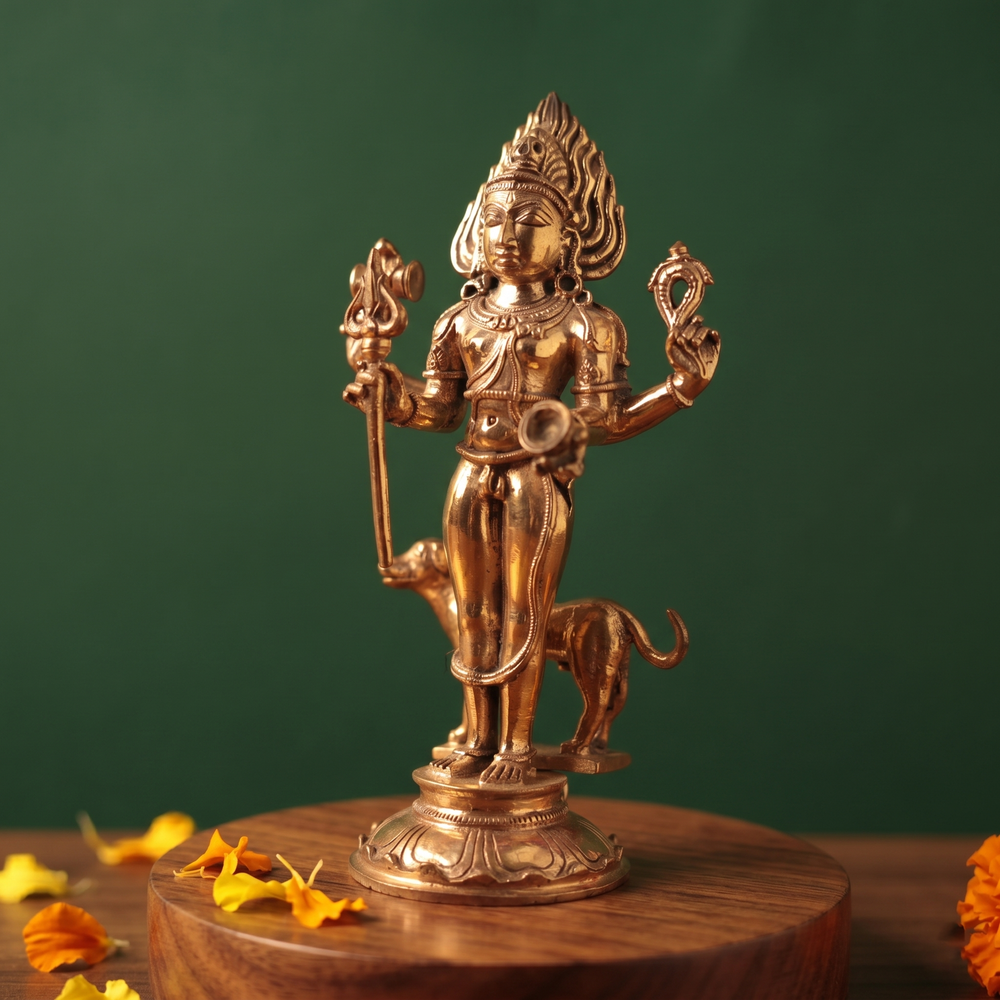 Kala Bhairava idol in right side angle, holding trishul with a dog behind him on a lotus base with yellow petals on a wooden plate.