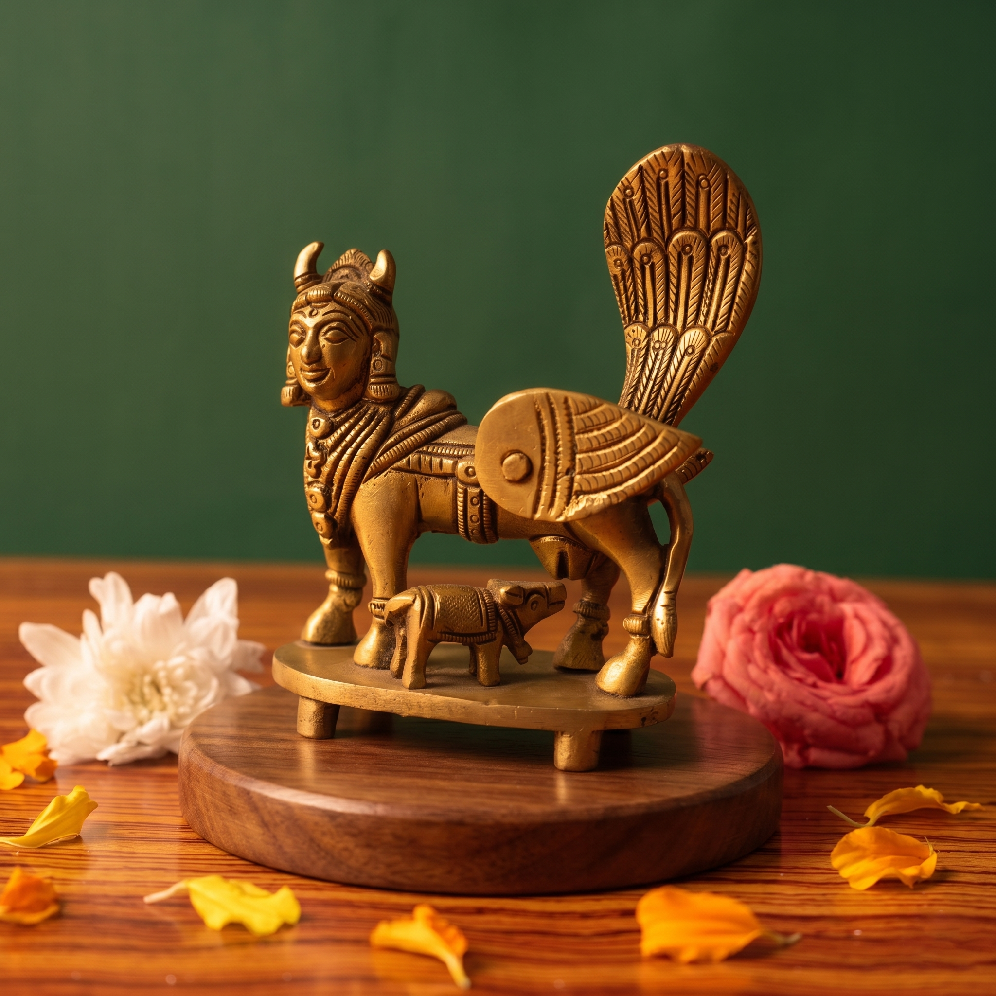 Brass Kamadhenu idol in a slight right-angle view with calf beneath, on a wooden platform with white and pink flowers, green backdrop.
