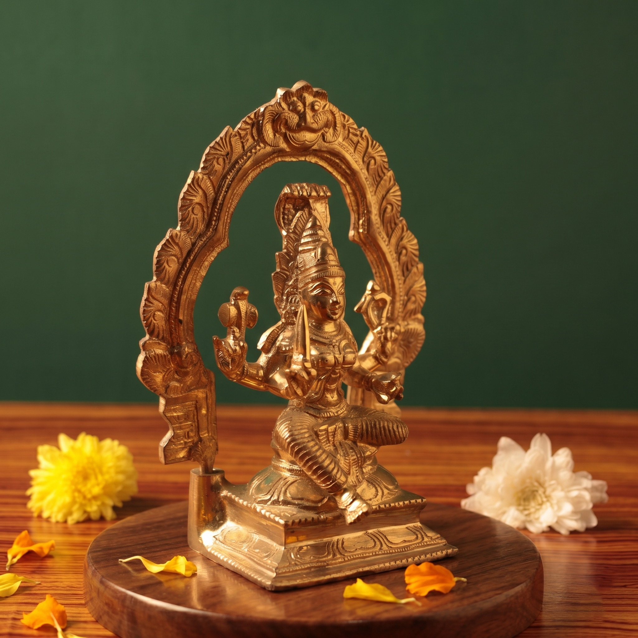 Maariamman idol on the left side angle with leafy arch prabhavali seated on a lotus base with yellow and white flowers on a wooden plate.