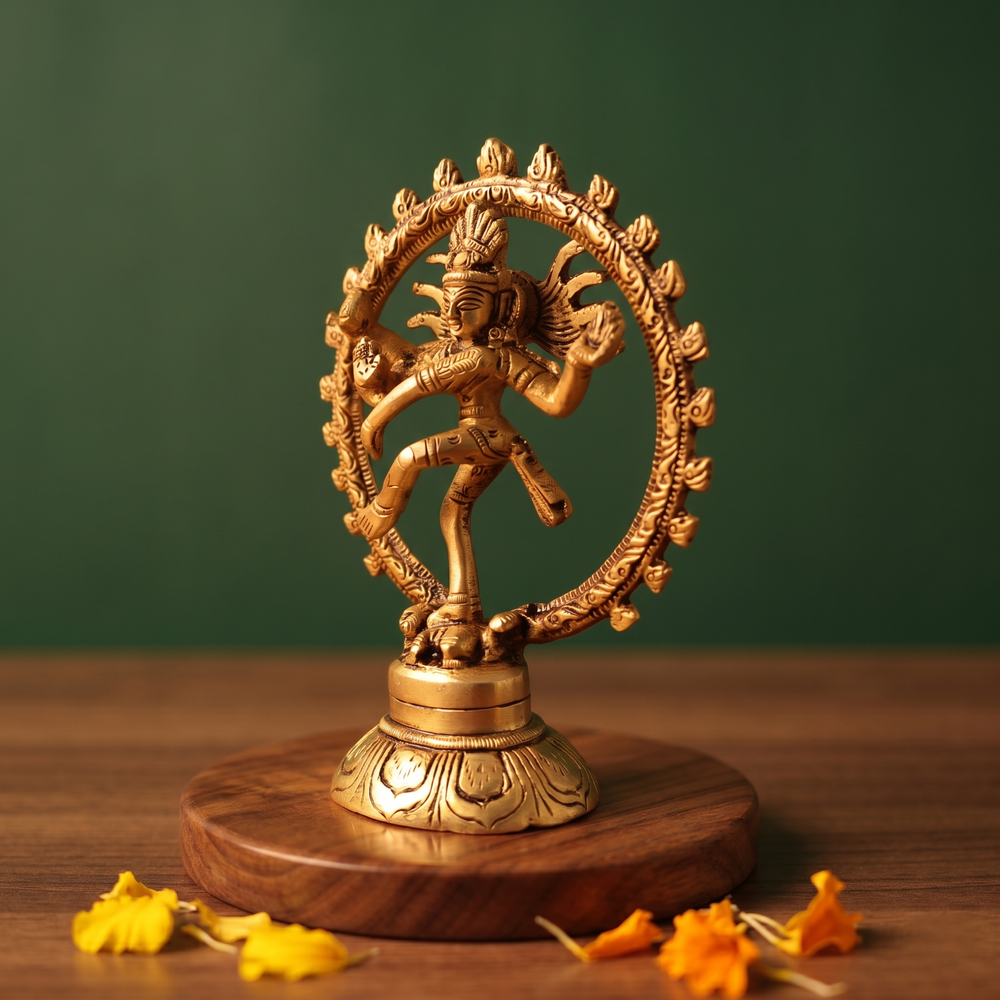 Brass Nataraja idol in a slight right-angle dancing pose within a fire ring, on a wooden platform with marigold petals, green backdrop.
