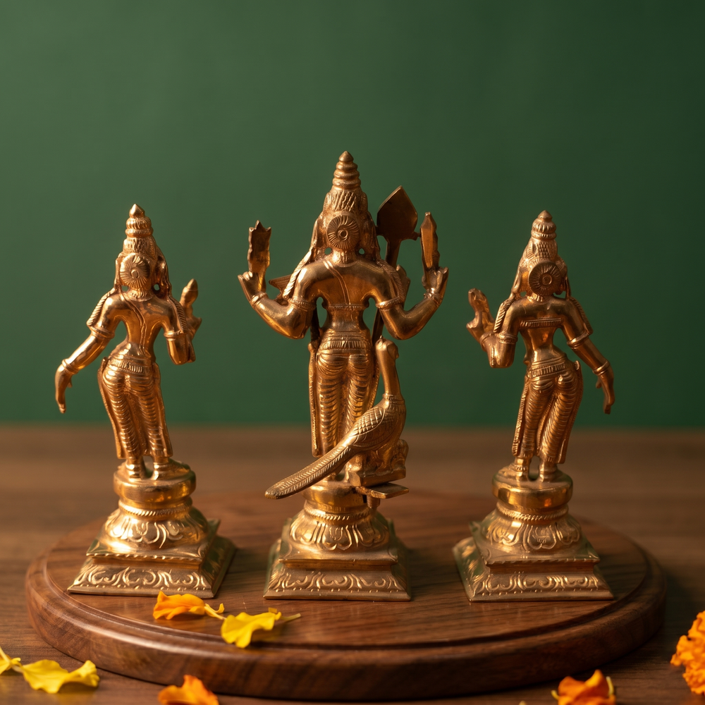 Panchalogam Murugan Set in back view with Valli and Devasena on either side, with a peacock at the base with yellow petals on a wooden plate.