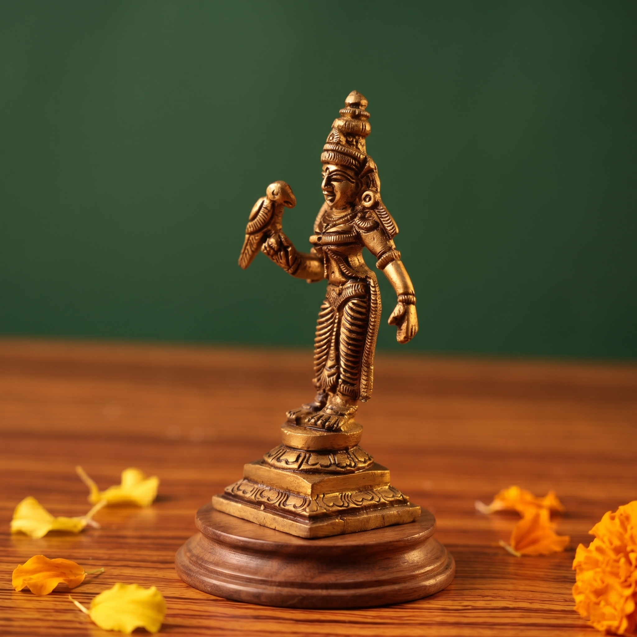 Brass Meenakshi idol in a slight right-angle standing view holding a parrot, on a wooden platform with scattered marigold petals, green backdrop.
