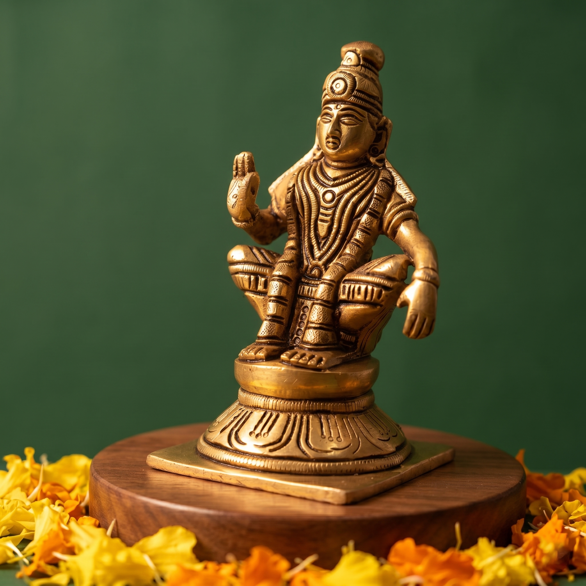 Brass Ayyappan idol in a slightly left-angle seated pose, raising hand in blessing, on a wooden platform surrounded by marigolds, green backdrop.

